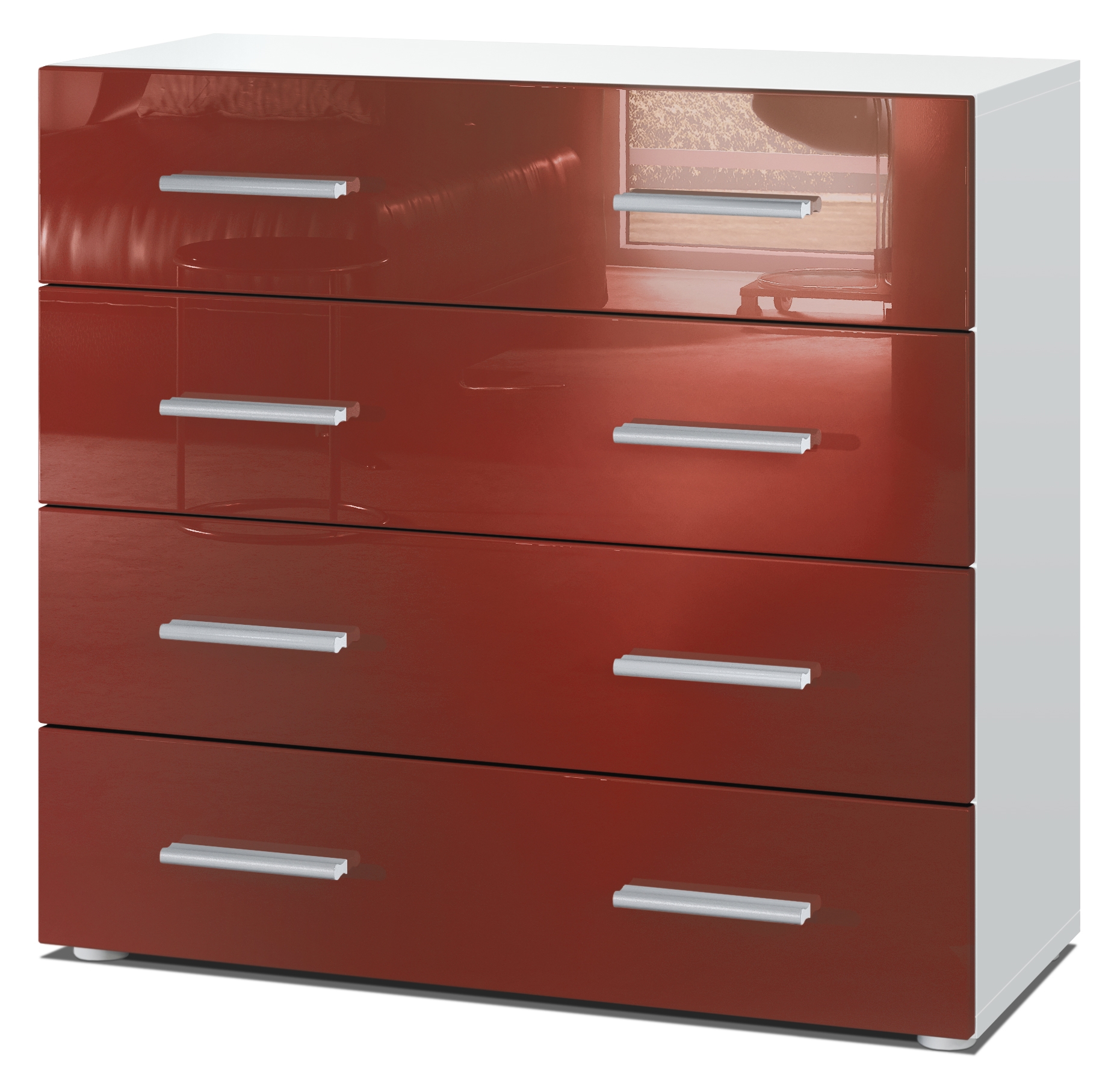 Kommode Pavos V1 ​mit 4 Schubladen Weiß matt/Bordeaux Hochglanz (76 x 72 x 35 cm)