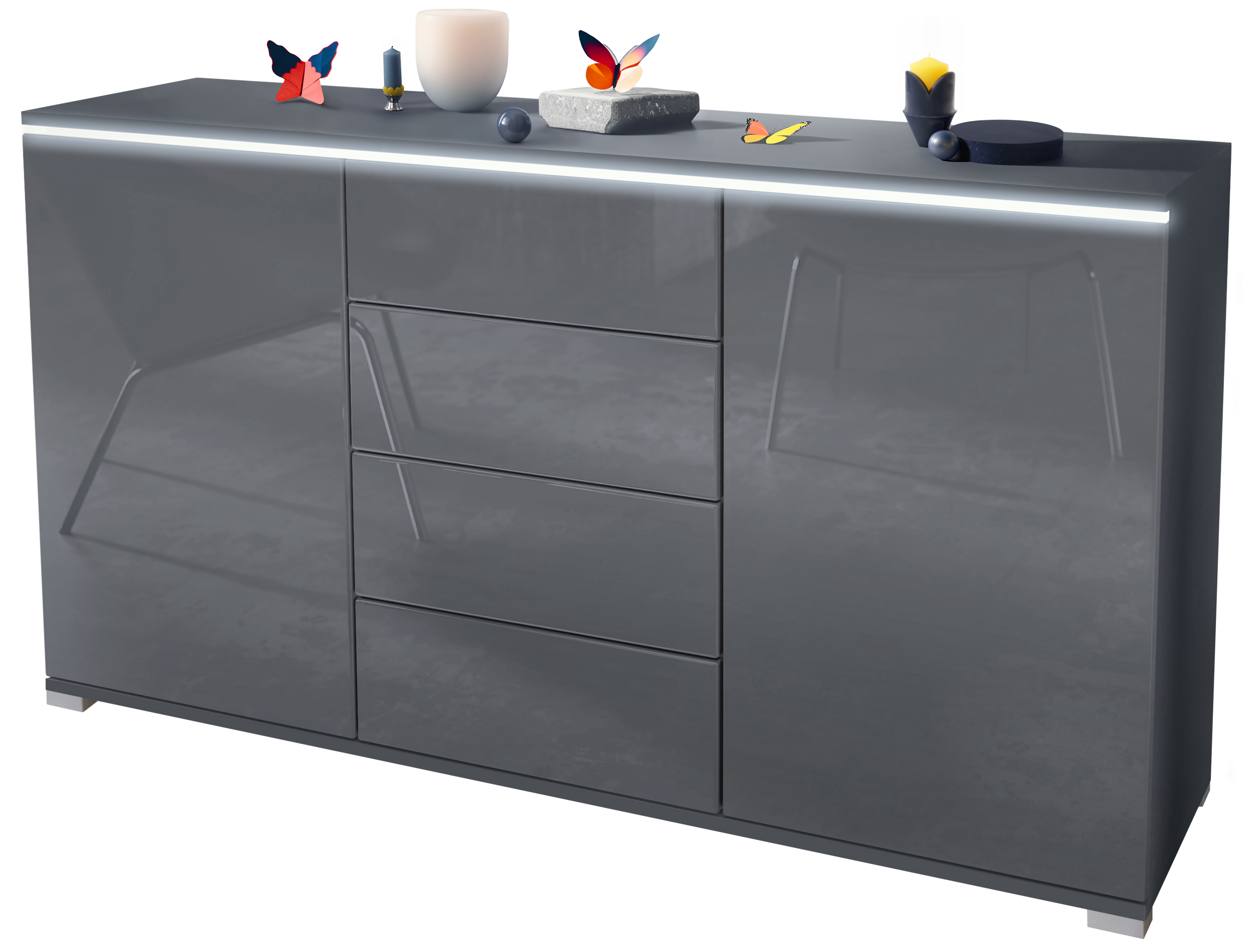 Sideboard Faro V1 Anthrazit Schrank mit LED Lichtleiste Anthrazit matt / Grau Hochglanz (138,5 x 75,5 x 35)