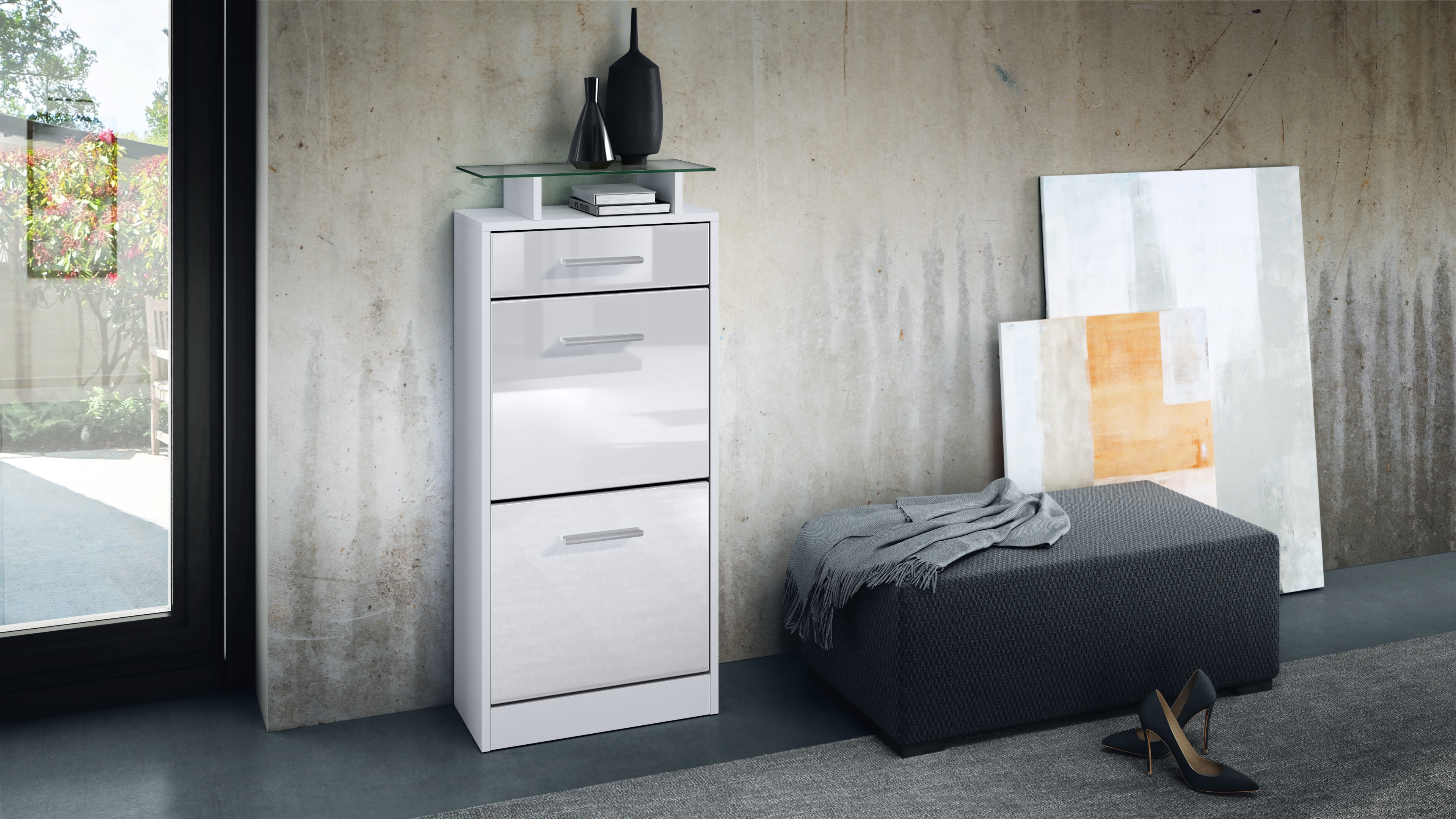 Schuhschrank Loret V2 mit 2 Klappen, 1 Schublade und Glasablage Weiß matt/Weiß Hochglanz (46 x 104 x 23 cm)