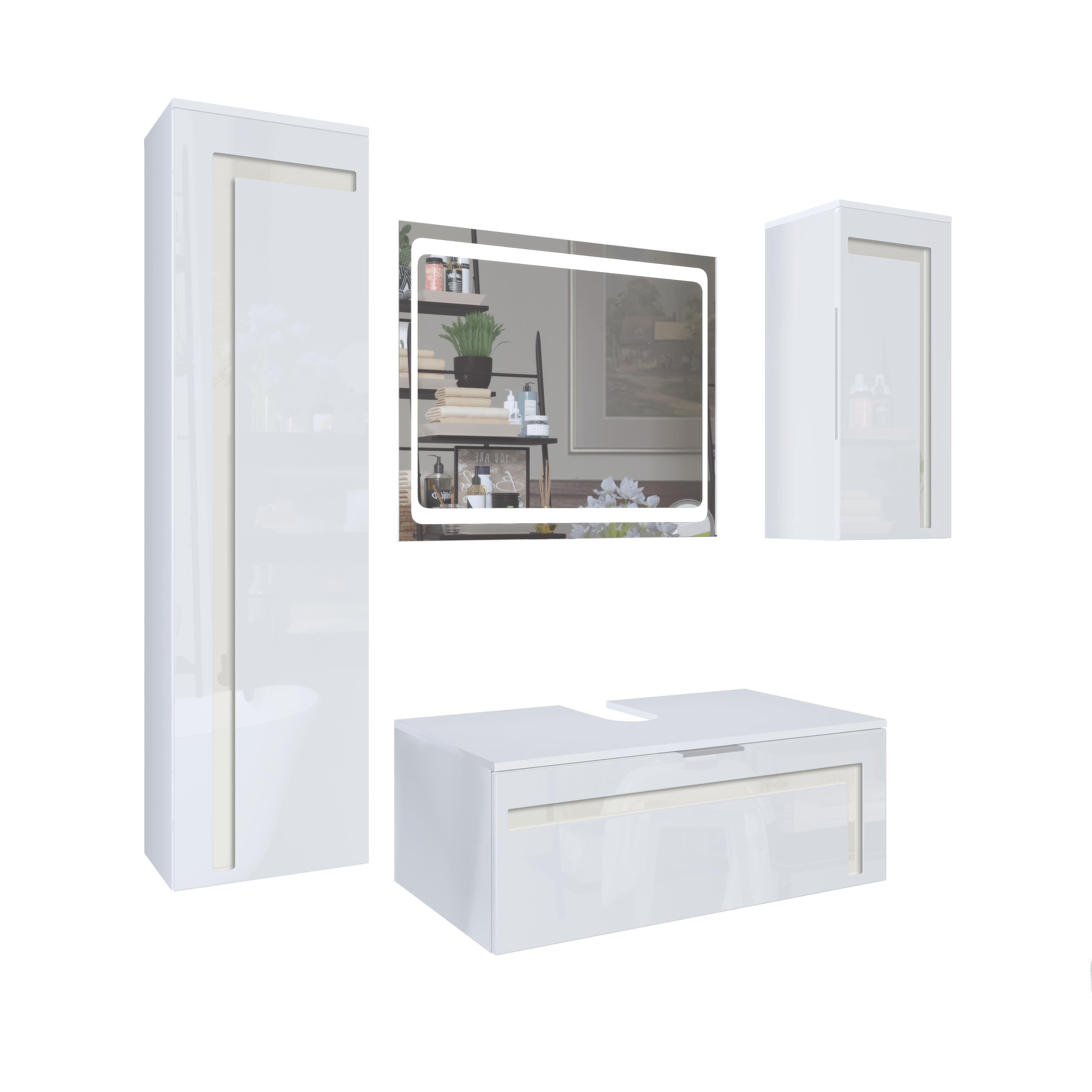 Badmöbel-Set Aloha V2 1 Unterschrank und 1 LED-Spiegel Weiß matt/Weiß glänzend, Absetzungen in Creme glänzend (189x193x51cm)