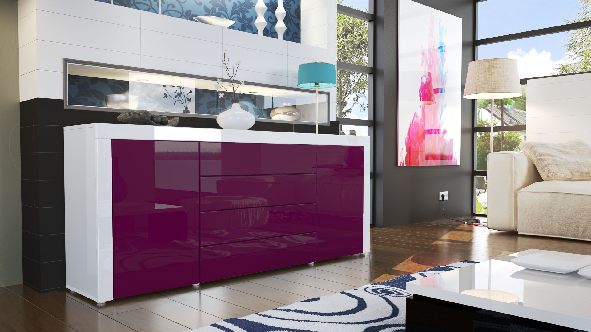 Sideboard La Paz mit 2 Türen und 4 Schubladen Brombeer Hochglanz / Weiß Hochglanz (167 x 72 x 35)
