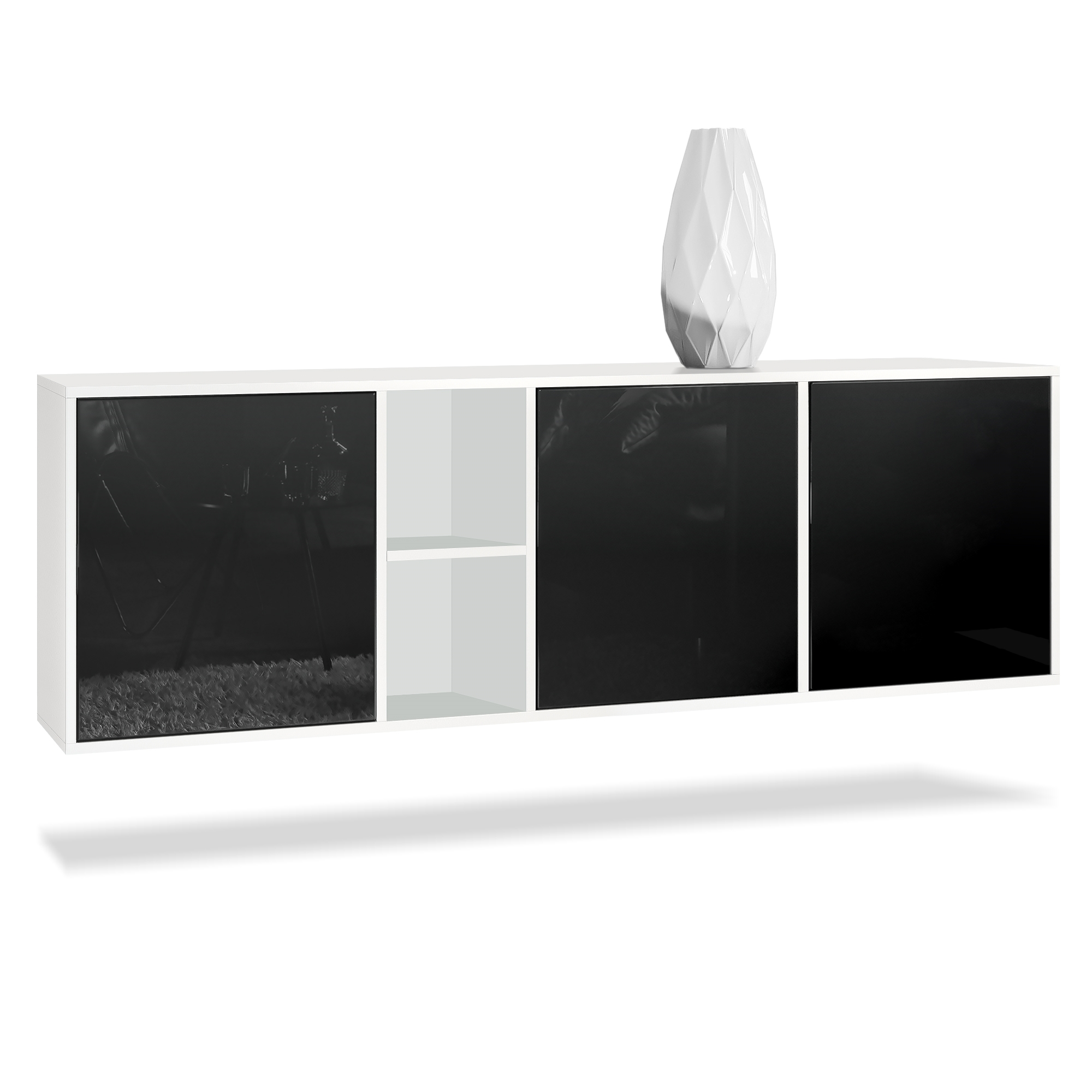 Sideboard Cuba  mit 3 Türen und 2 offene Fächer Weiß matt/Schwarz Hochglanz (182 x 53 x 35 cm)