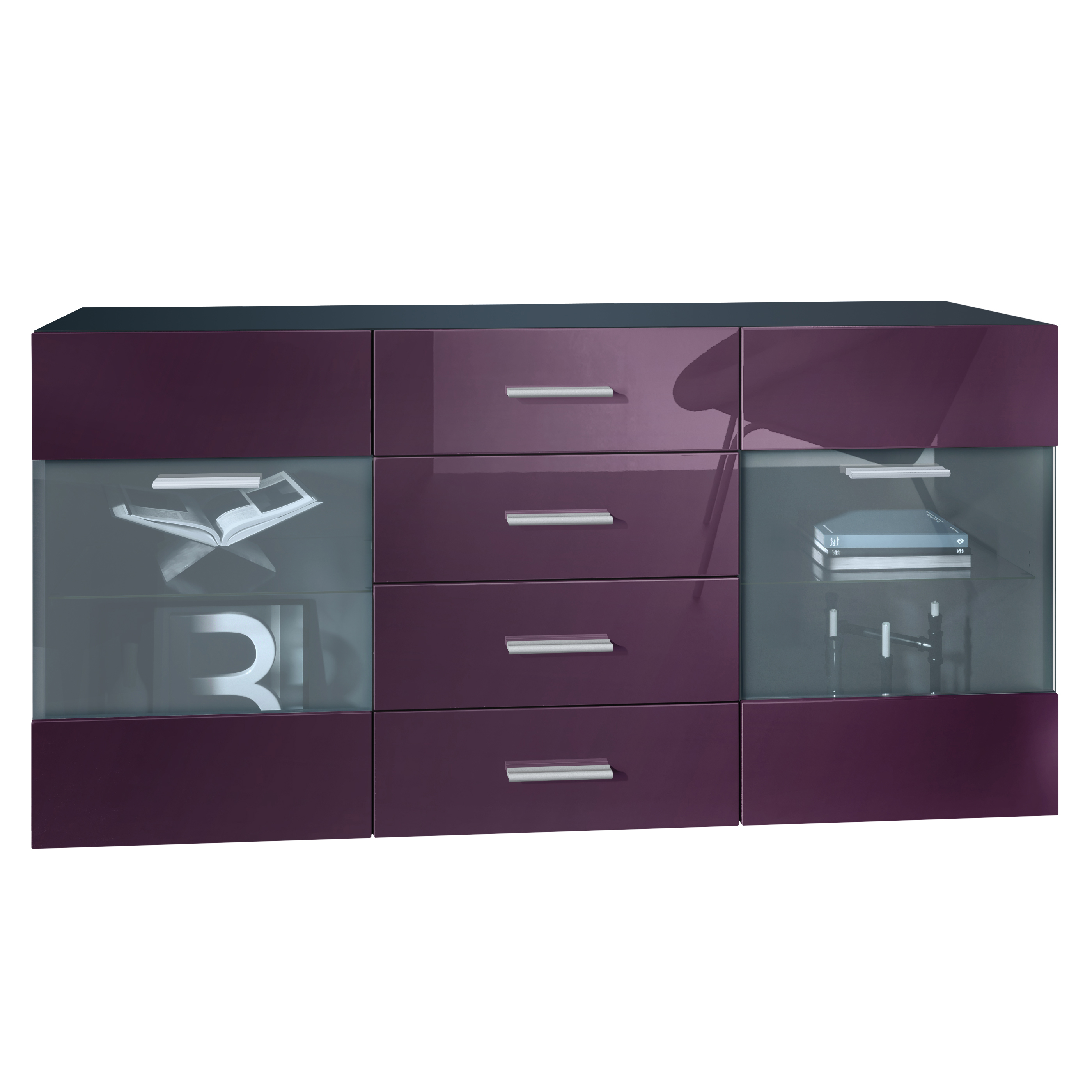 Sideboard Bari V1 4 Schubladen und 2 flexible Glaseinlegeböden Schwarz matt/Brombeer Hochglanz (139 x 72 x 35)