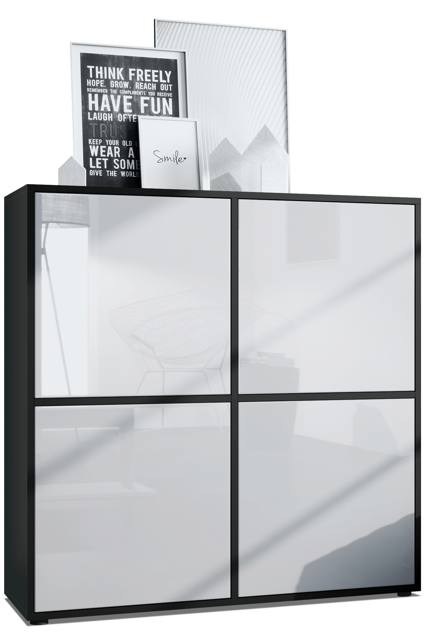 Highboard Cuba V2 104 x 105,5 x 35,5 cm Sideboard mit 8 Fächern Korpus in Schwarz matt / Fronten in Weiß Hochglanz Highboard Cuba V2 104 x 105,5 x 35,5 cm Sideboard mit 8 Fächern Korpus in Schwarz matt / Fronten in Weiß Hochglanz