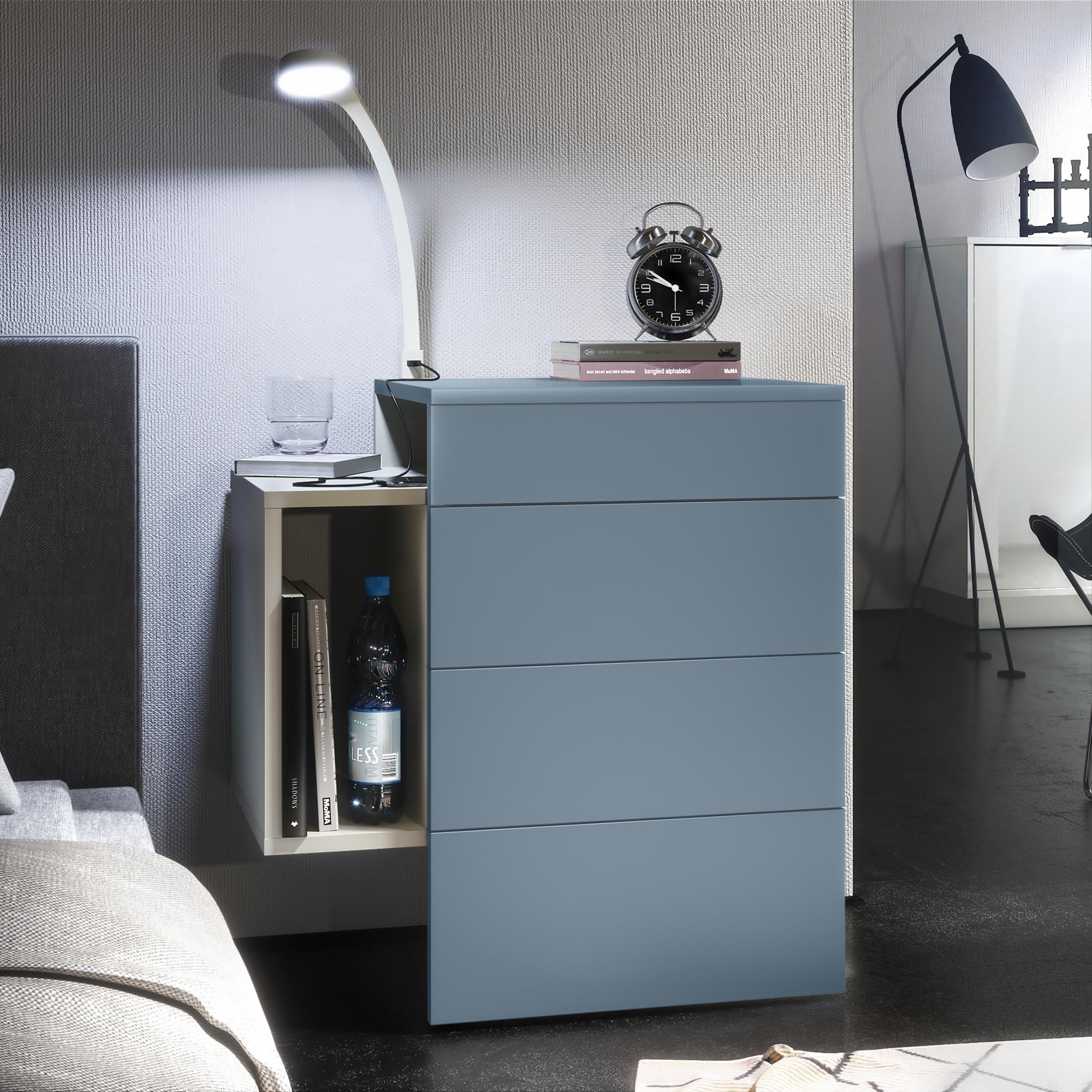 Nachttisch Queens und 1 seitlichem Fach zur Wandmontage Weiß matt/Denim matt inkl. LED Flexi Lampe (60 x 63 x 36 cm)