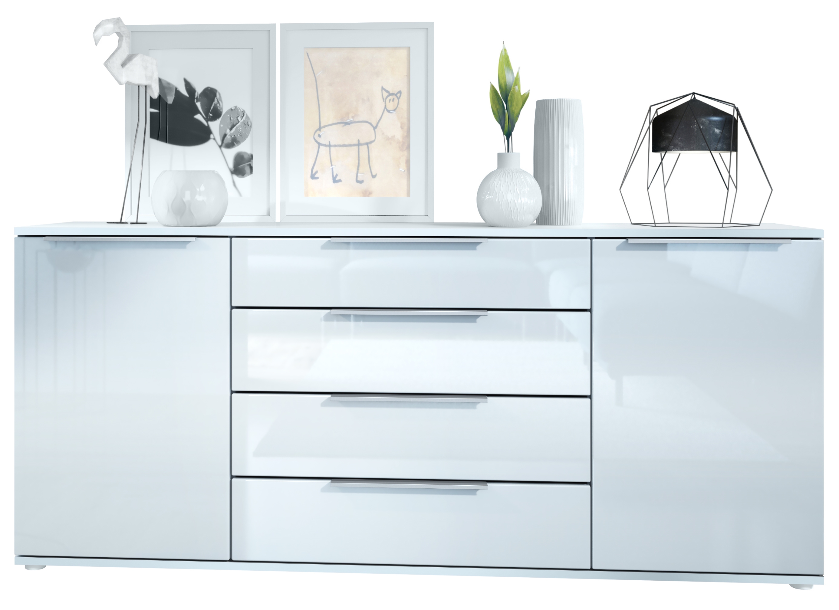 Linio V2 Sideboard mit 2 Türen und 4 Schubladen Weiß matt/Weiß Hochglanz (166,5 x 72,5 x 35 cm)