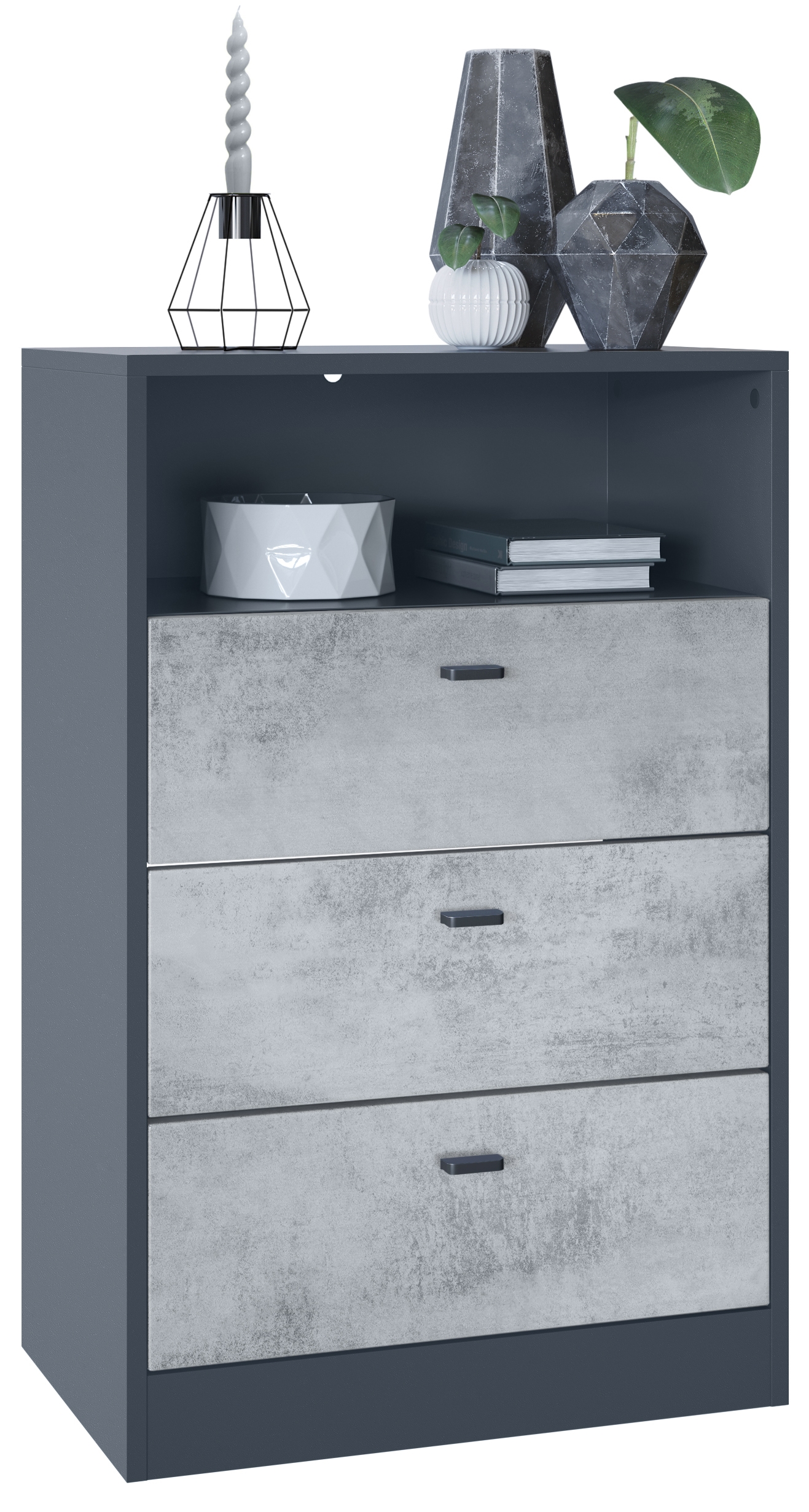 Kommode Pino V2  mit 3 Schubladen & 1 offenem Fach Anthrazit matt/Beton Oxid Optik (56 x 86,5 x 36 cm)