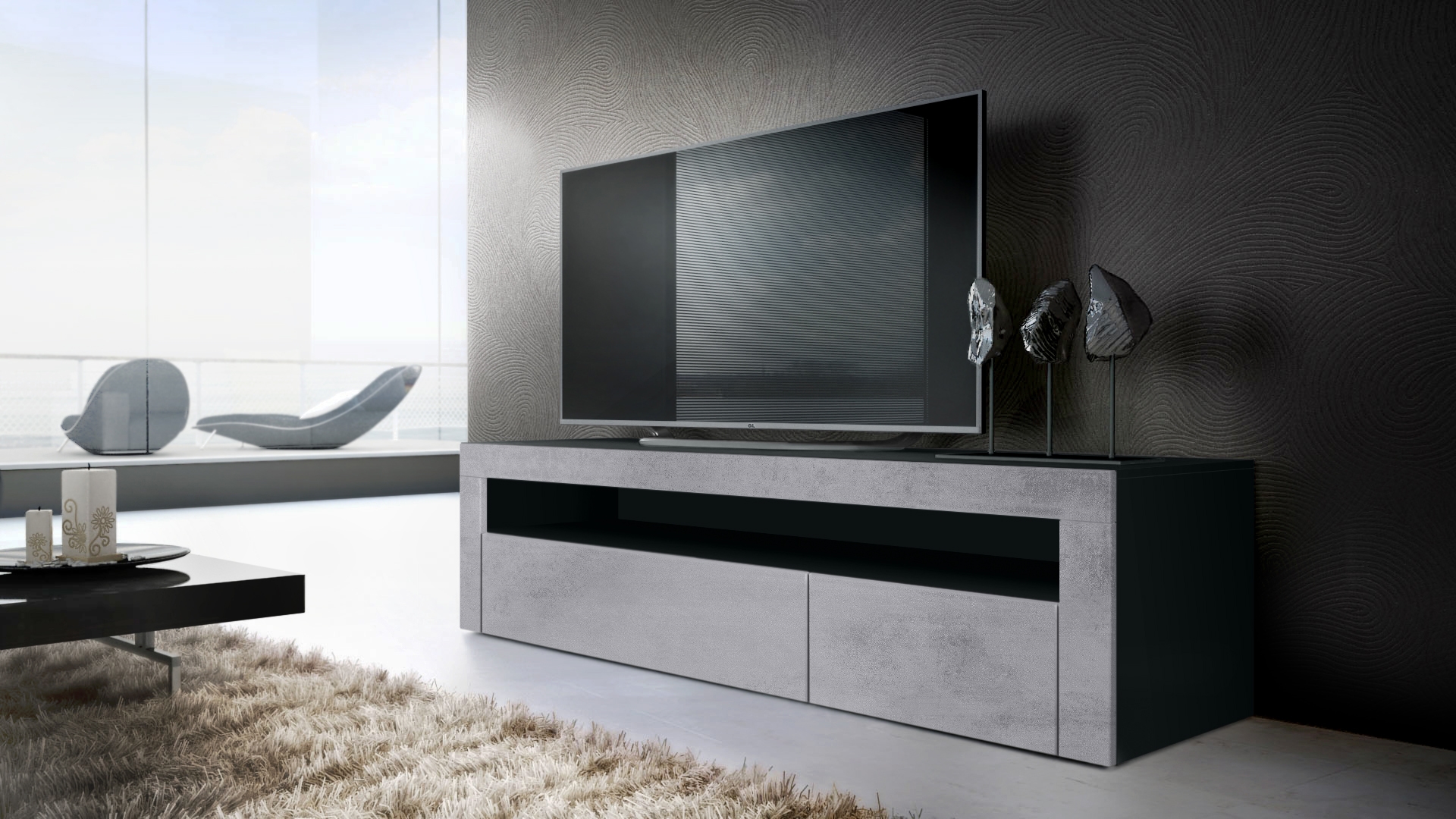 Wohnzimmer-Set Berlin bestehend aus 1 TV Board und 1 Couchtisch Schwarz matt/Beton Oxid Optik