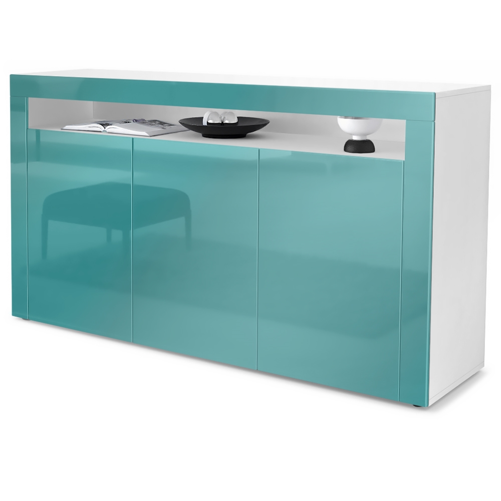 Sideboard Valencia mit 3 Türen und 1 offenem Fach Weiß matt/Petrol Hochglanz/Petrol Hochglanz (155 x 92 x 40 cm)