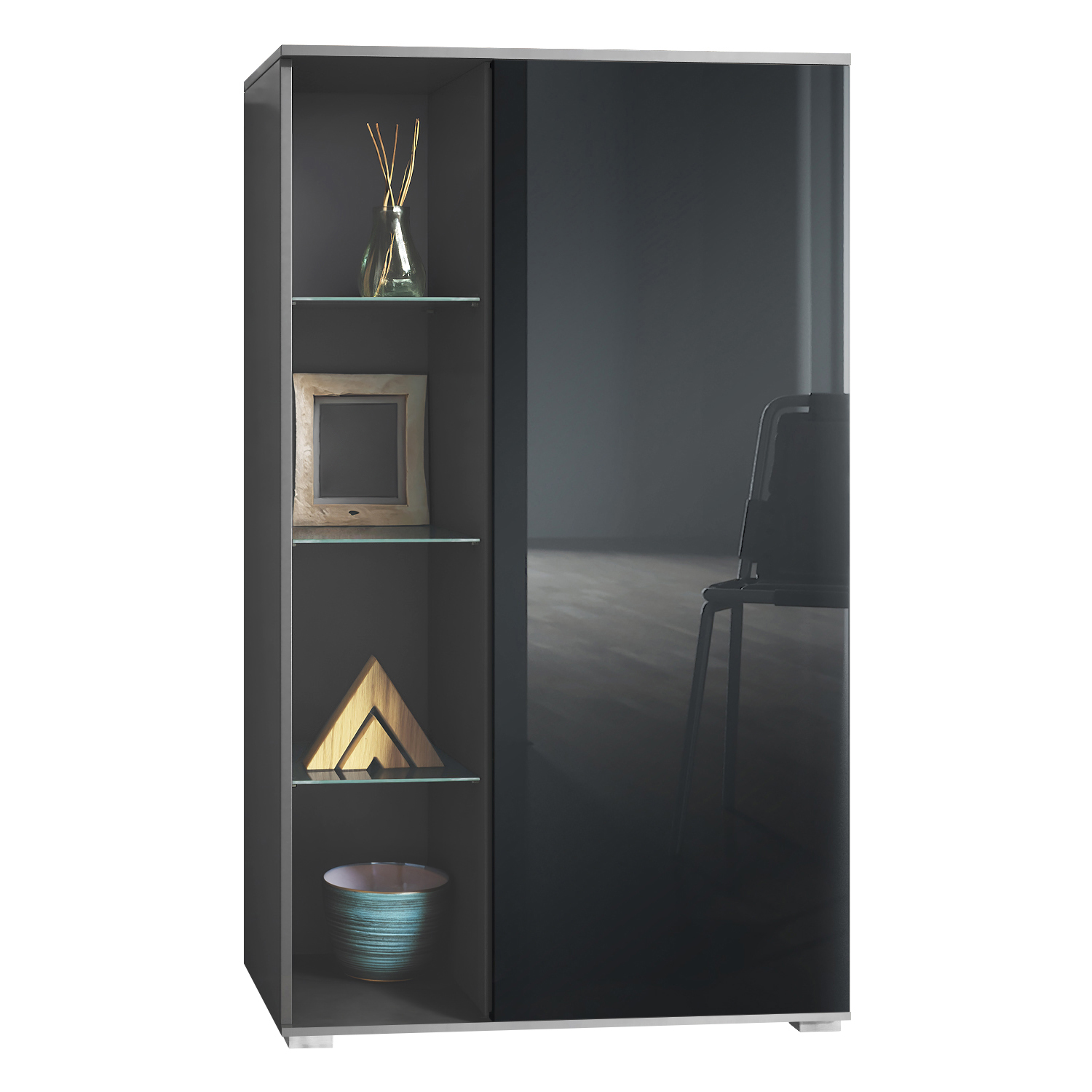 Vitrine Davos mit 3 Glasböden und 8 Fächer Anthrazit matt/Schwarz Hochglanz (71,5 x 134 x 35 cm) | Schwarz Hochglanz