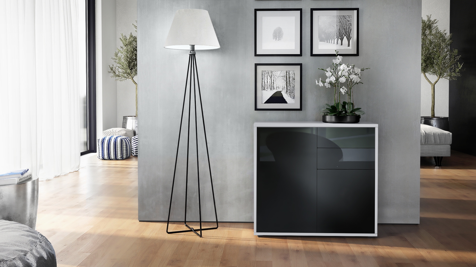 Kommode Ben  mit 2 Türen und 2 Schubladen Weiß matt/Schwarz Hochglanz (79 x 74 x 36 cm)