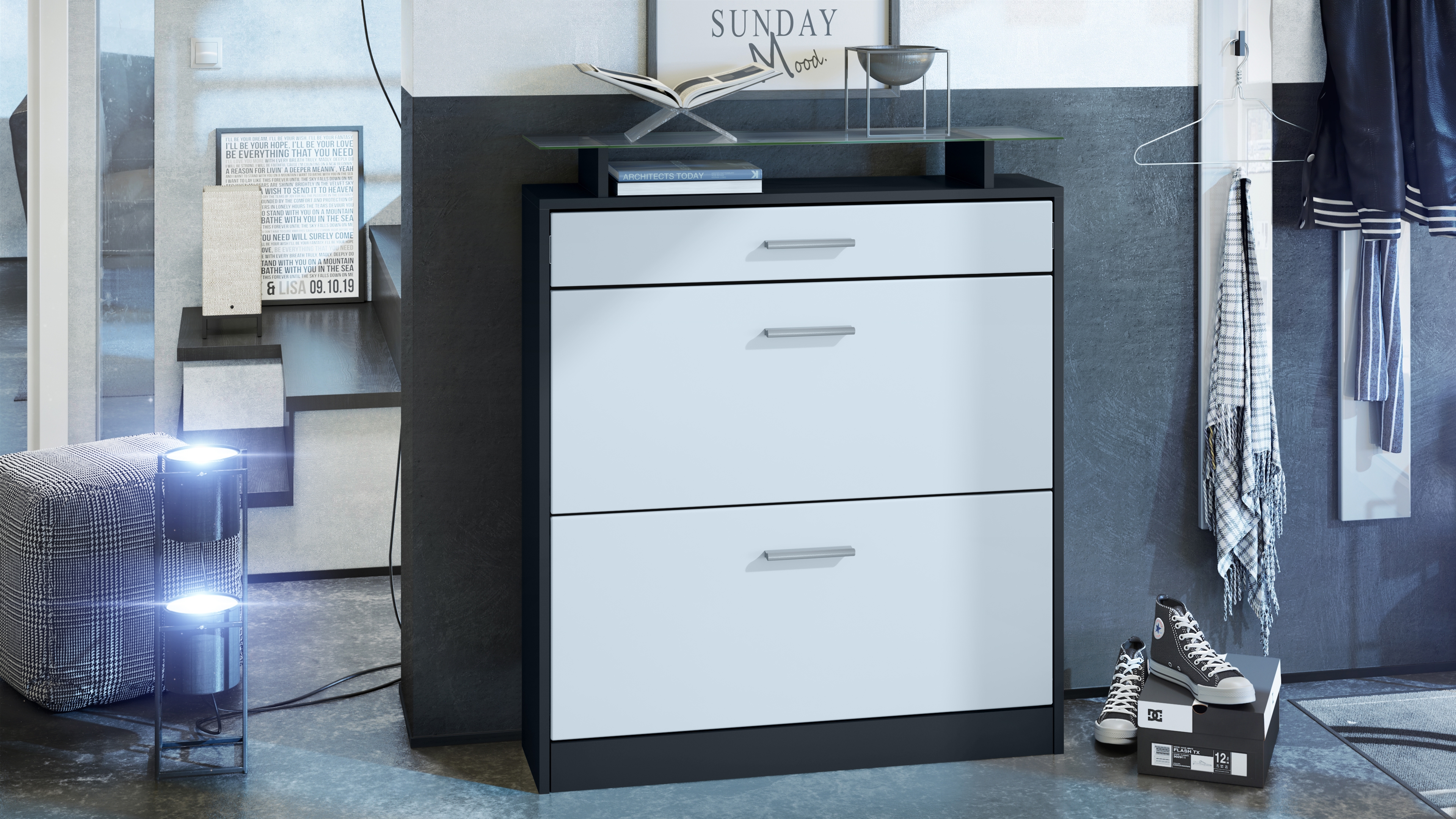 Schuhschrank Loret mit 2 Klappen und 1 Schublade und Glasablage Schwarz matt/Weiß matt (89 x 104 x 23 cm)