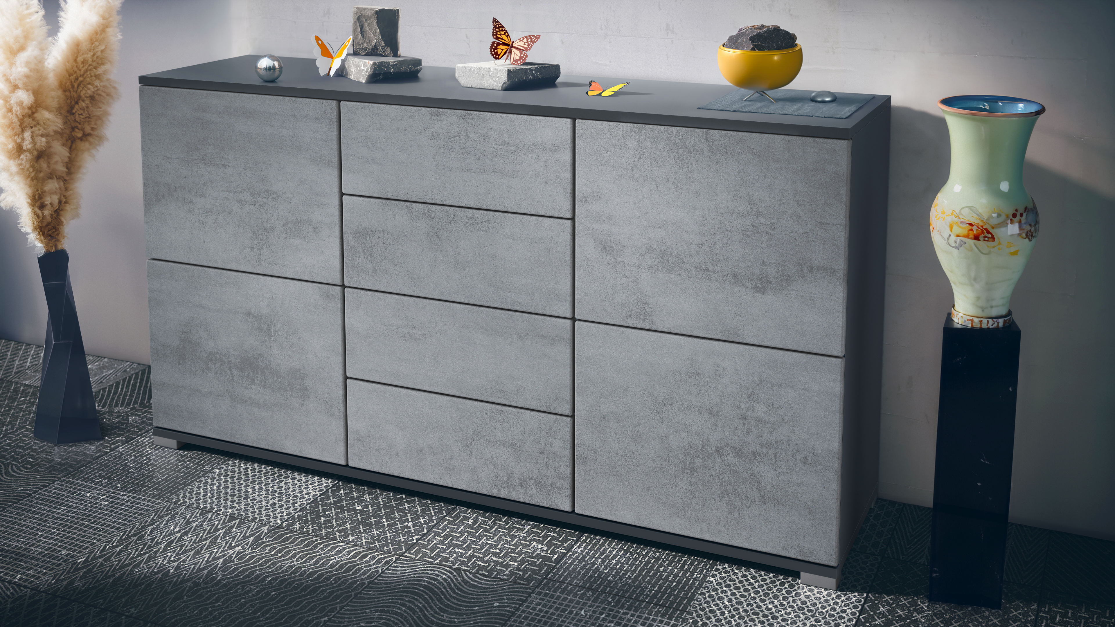 Sideboard Rova V1 4 Schubladen, Made in Germany, Anthrazit matt/Beton Oxid Optik (138,5 x 75,5 x 35)