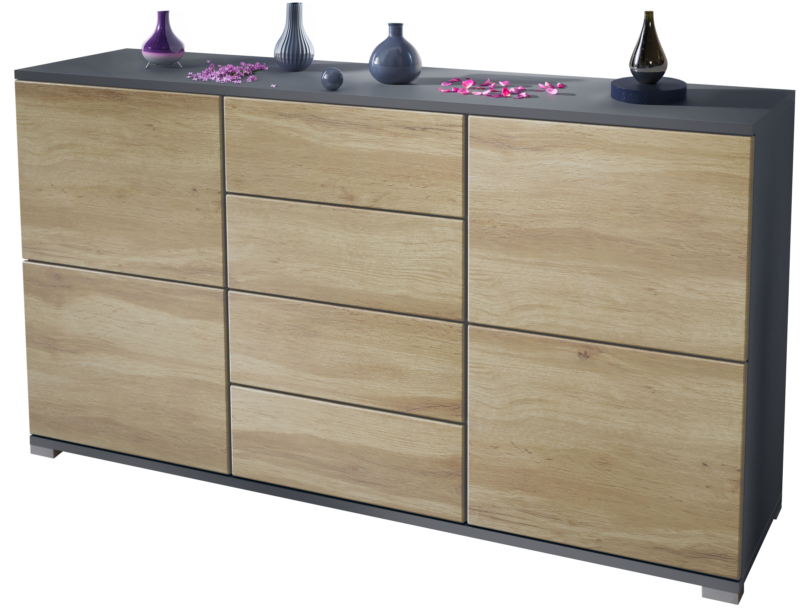 Sideboard Rova V1 4 Schubladen, Made in Germany, Anthrazit matt/Eiche Wotan (138,5 x 75,5 x 35)