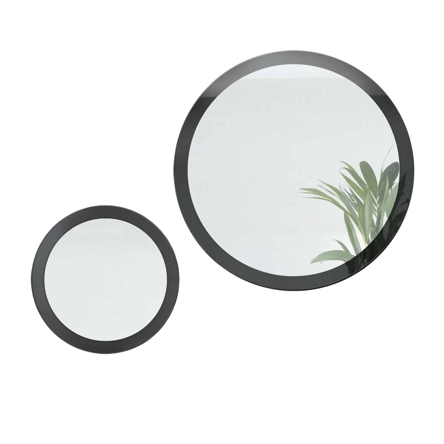 Globe Spiegel 2er-Set (Typ 50+80) für Flur und Wohnzimmer mit MDF-Rahmen in Schwarz Hochglanz (50 und 80 cm Durchmesser)