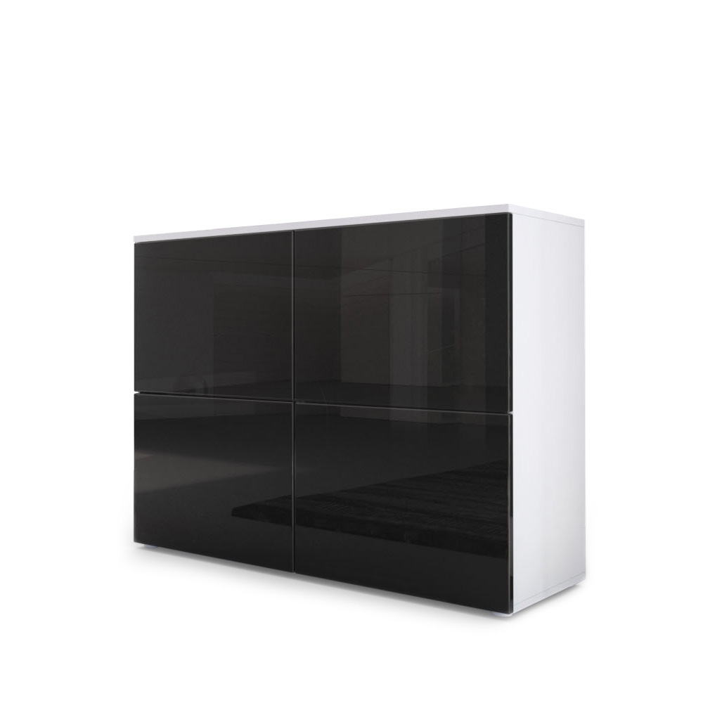 Kommode Rova mit 4 Türen Weiß matt/Schwarz Hochglanz (92 x 72 x 35 cm)