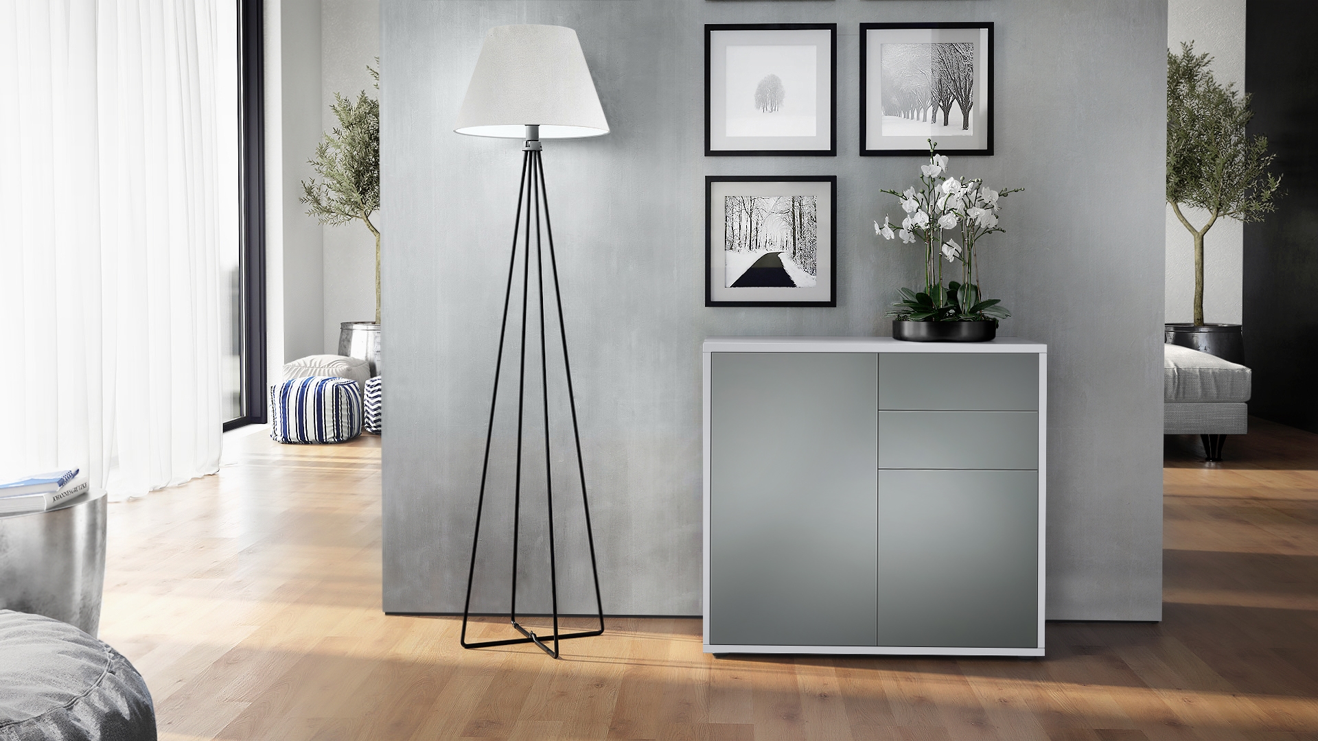 Kommode Ben  mit 2 Türen und 2 Schubladen Weiß matt/Graphit Seidenmatt (79 x 74 x 36 cm)