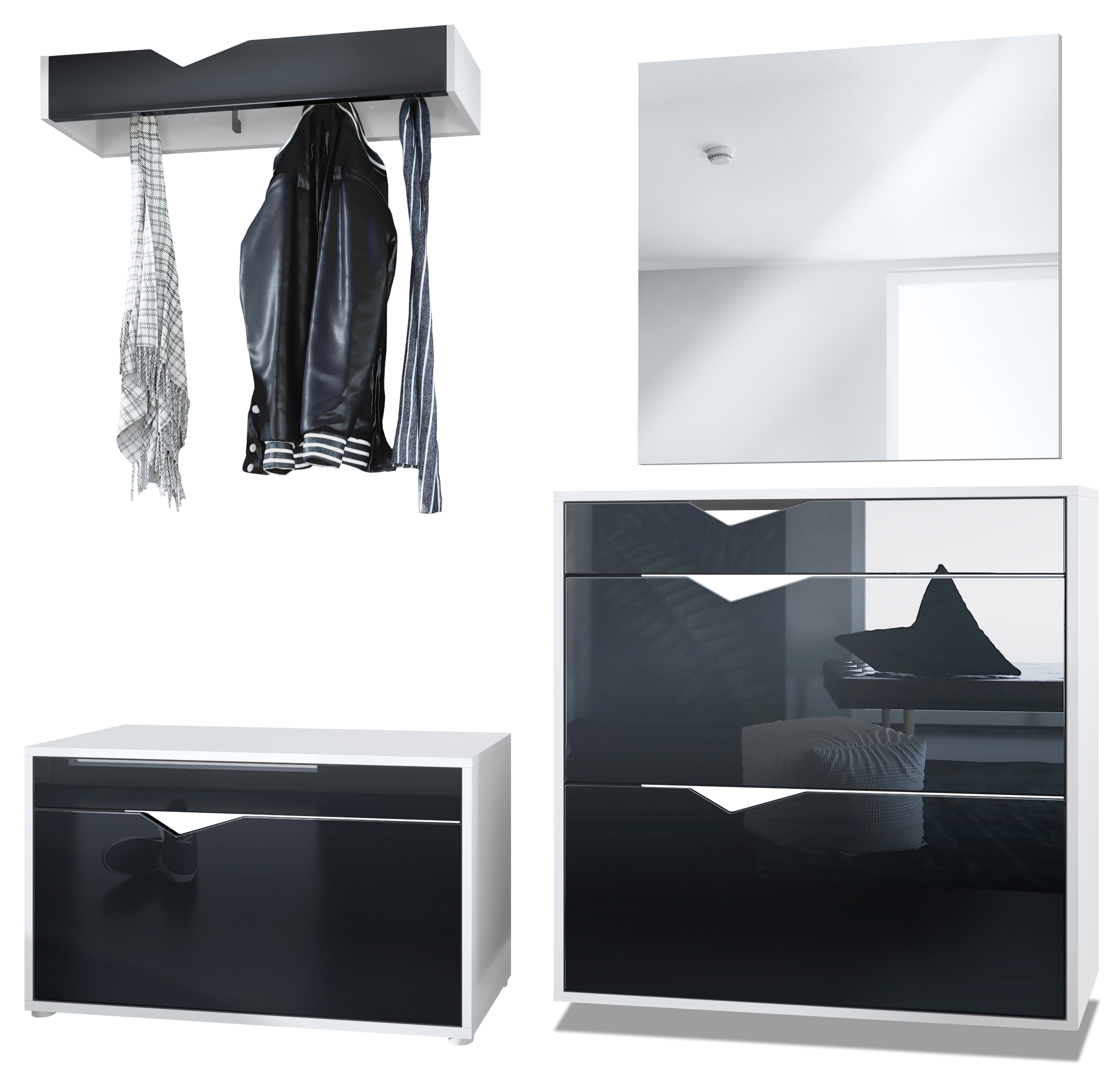 Garderobenset Kolmio 1 Schuhbank, 1 Spiegel und 1 Wandgarderobe Weiß matt/Schwarz Hochglanz (190 x 185 x 33 cm)