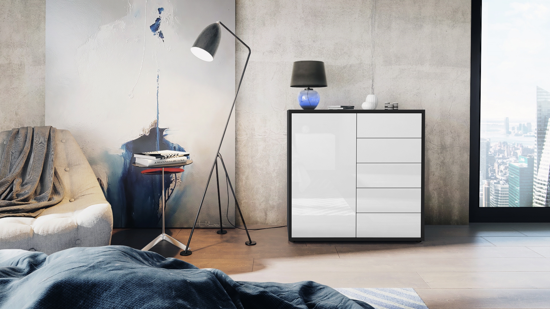 Kommode Ben V2  mit 1 Tür und 5 Schubladen Schwarz matt/Weiß Hochglanz (79 x 74 x 36 cm)