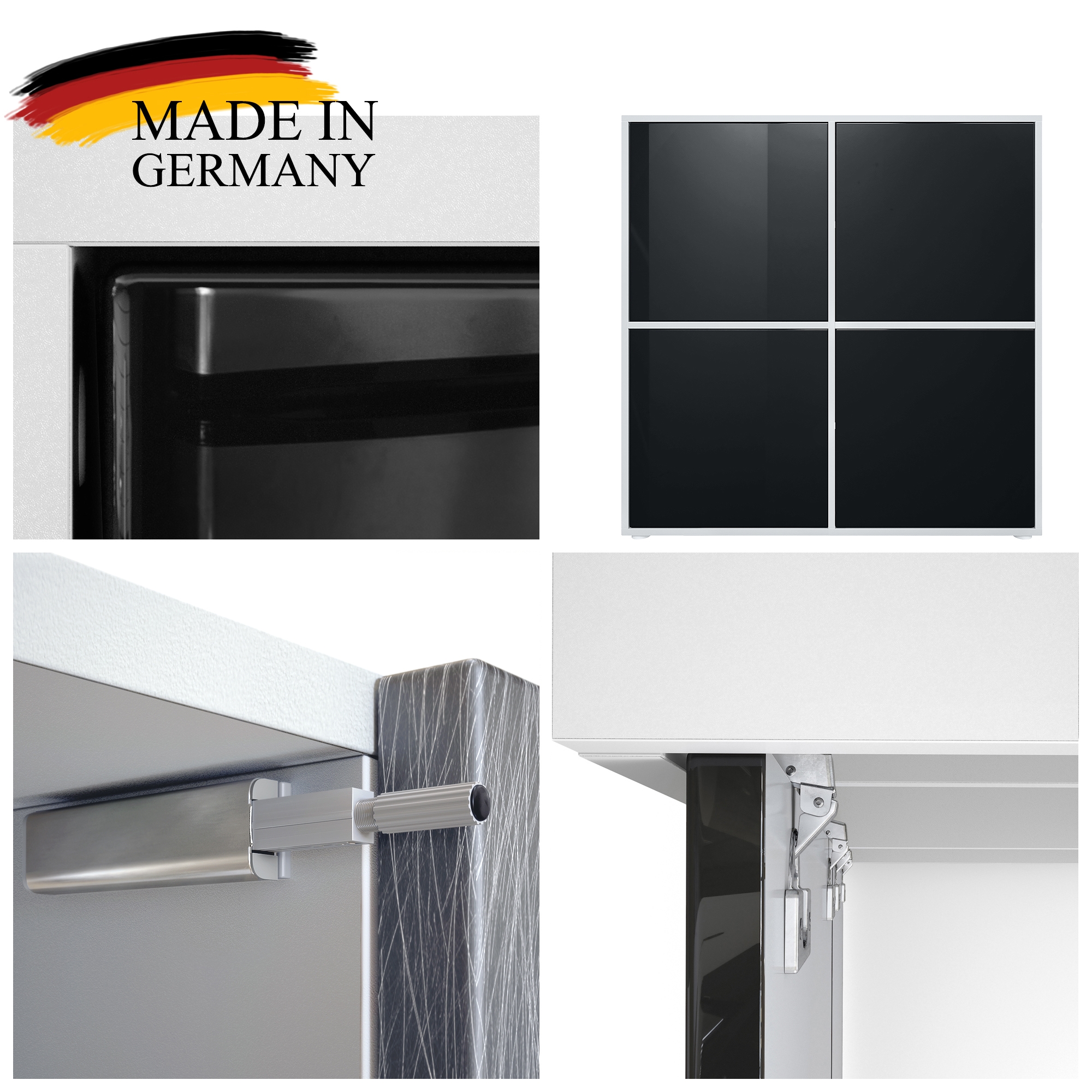 Highboard Cuba V2 Sideboard mit 4 Push-to-Open Türen, Made in Germany Schwarz matt / Eiche sägerau (104 x 105,5 x 35,5 cm)
