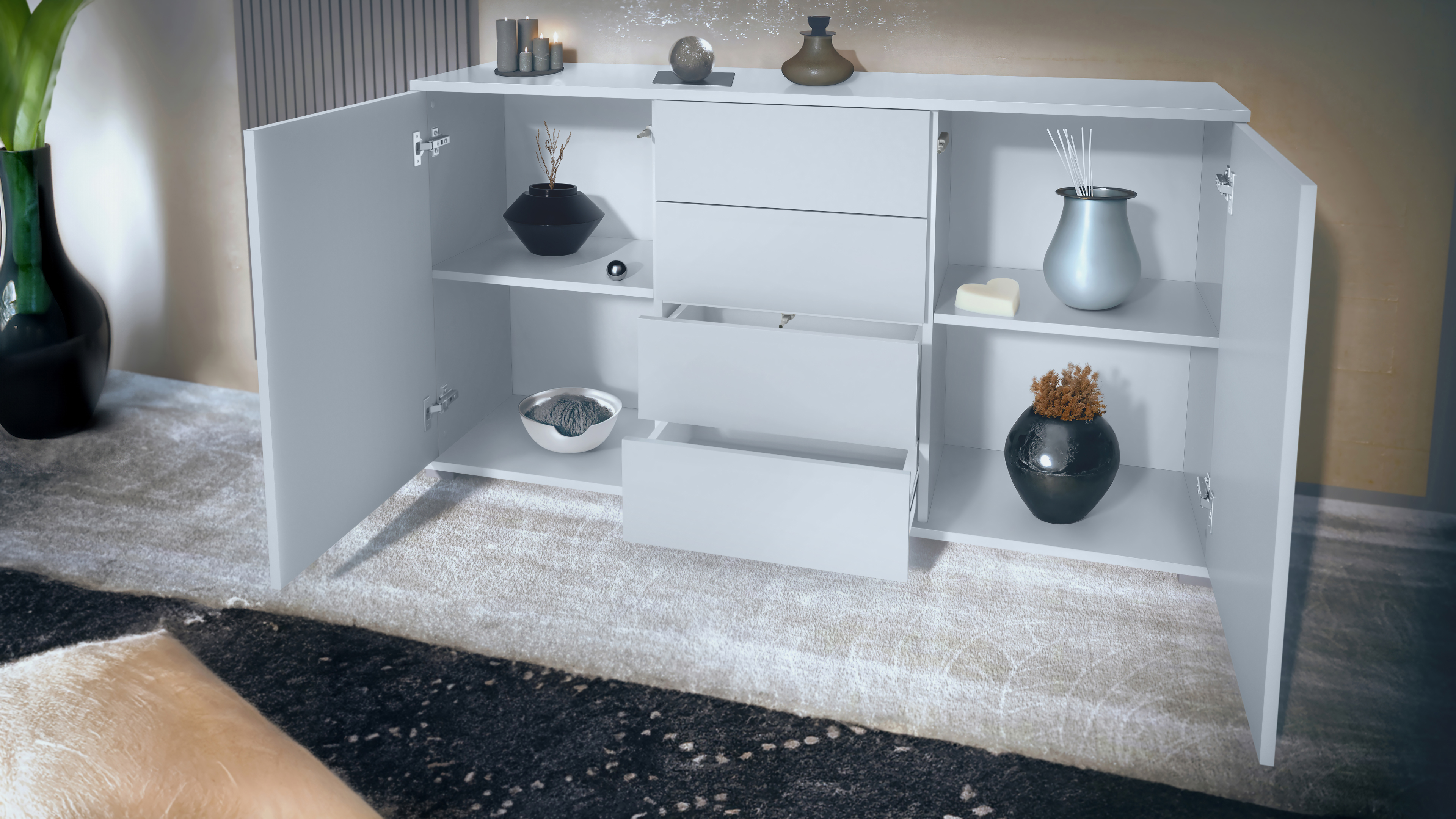 Santo V1 Sideboard Weiß mit 2 Türen und 4 Schubladen Weiß matt/Weiß matt (138,5 x 75,5 x 35 cm)