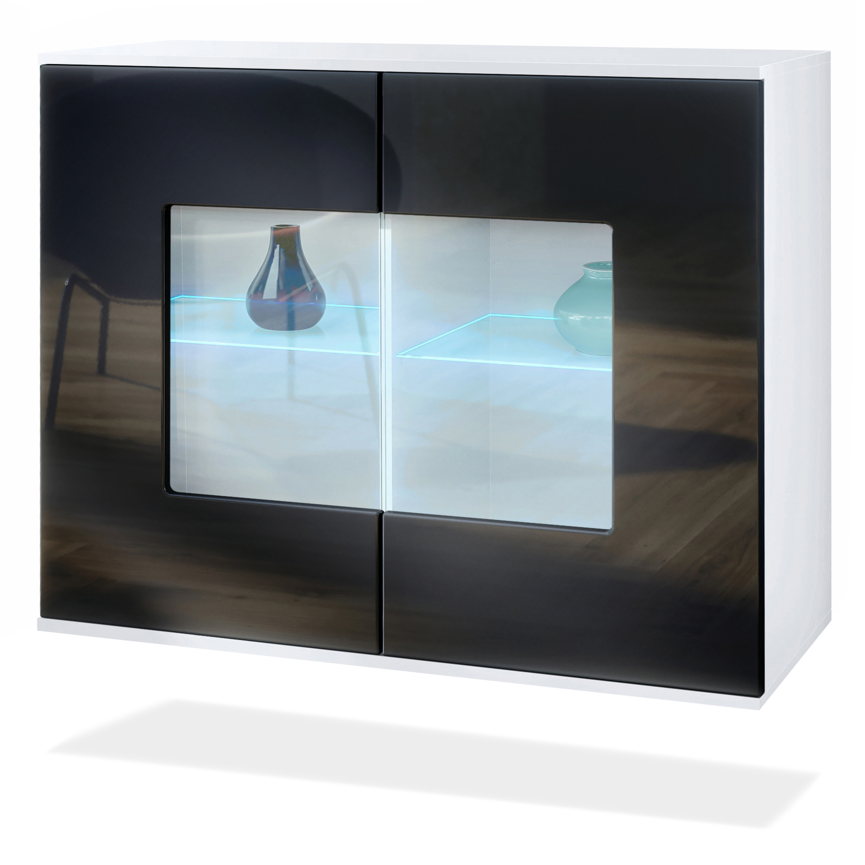 Grömitz V3 Kommode Weiß + LED mit 2 großen Glastüren inkl. RGB Beleuchtung Weiß matt / Schwarz Hochglanz (92,5 x 73.5 x 35)