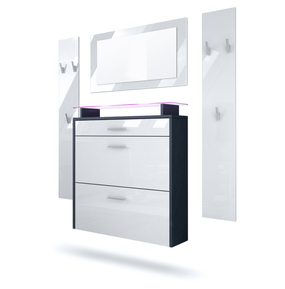 Garderobenset Malea 1 Wandspiegel und 2 Garderobenpaneele Anthrazit matt/Weiß Hochglanz, inkl. LED-Beleuchtung RGB