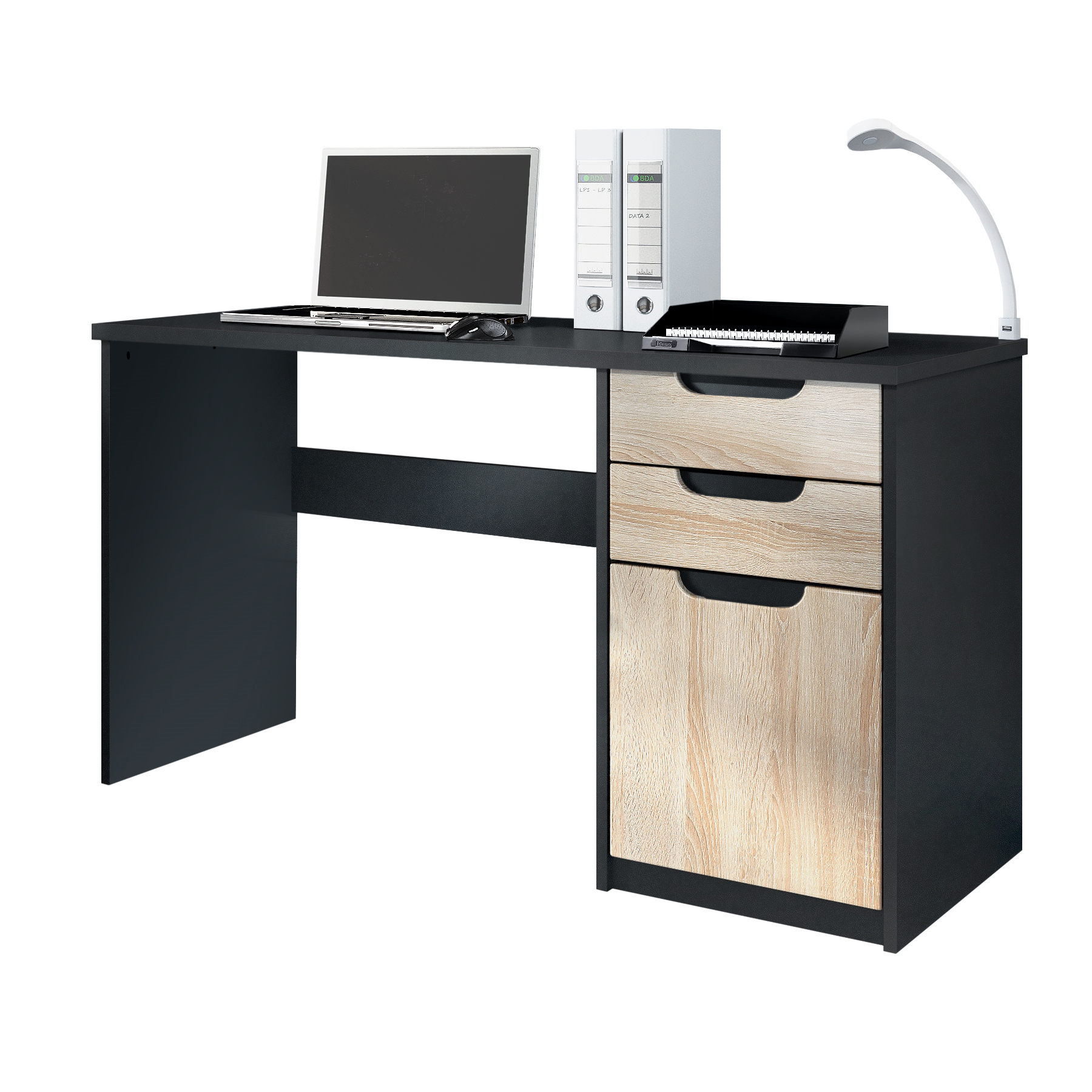 Schreibtisch Logan mit 2 Schubladen und 1 Tür Schwarz matt/Eiche sägerau (129 x 76 x 60 cm)