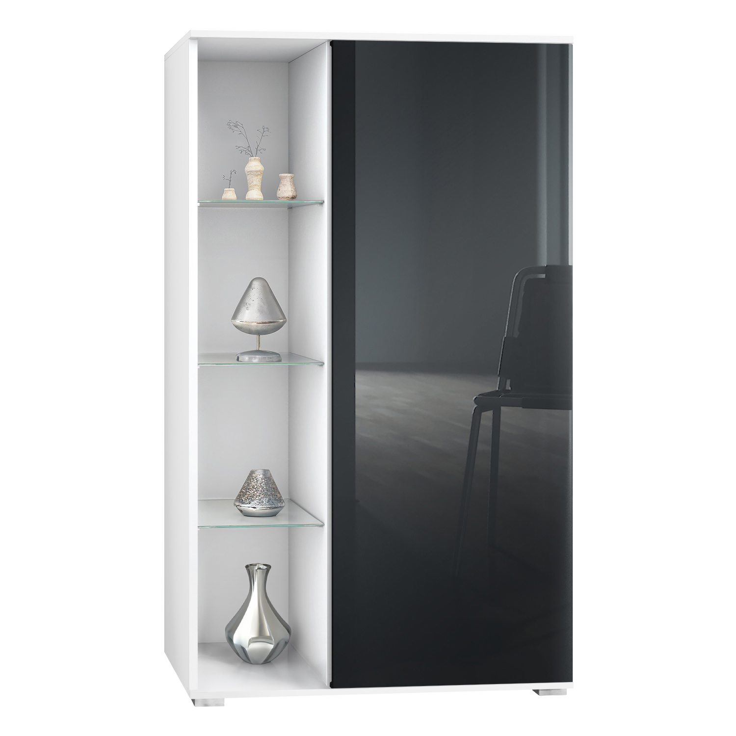 Vitrine Davos mit 3 Glasböden und 8 Fächer Weiß matt/Schwarz Hochglanz (71,5 x 134 x 35 cm)