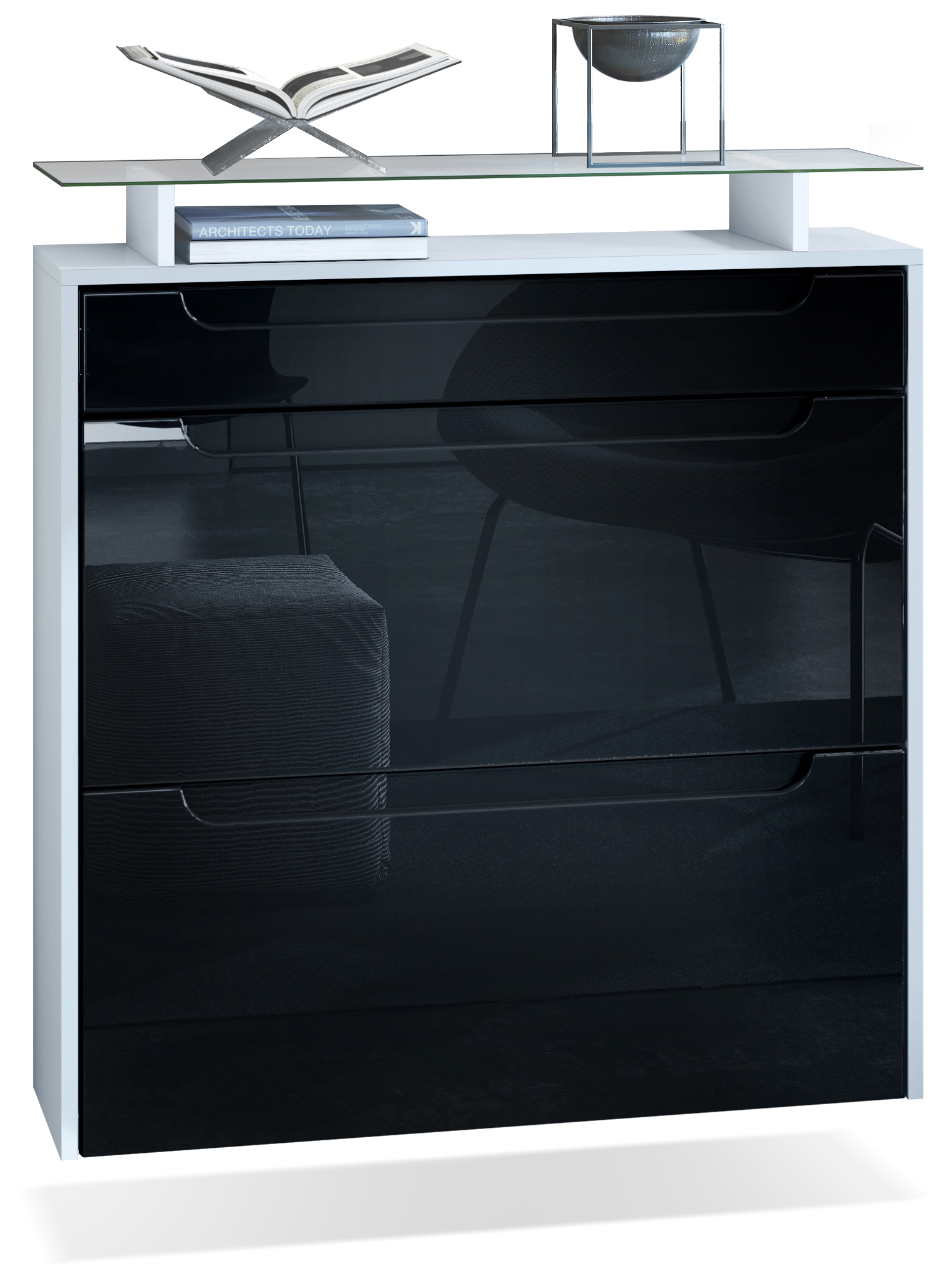 Schuhschrank Annie mit 2 Klappen, 1 Schublade und Glasablage Weiß matt/Schwarz Hochglanz, Mulden in Schwarz Hochglanz (89x96x23 cm)