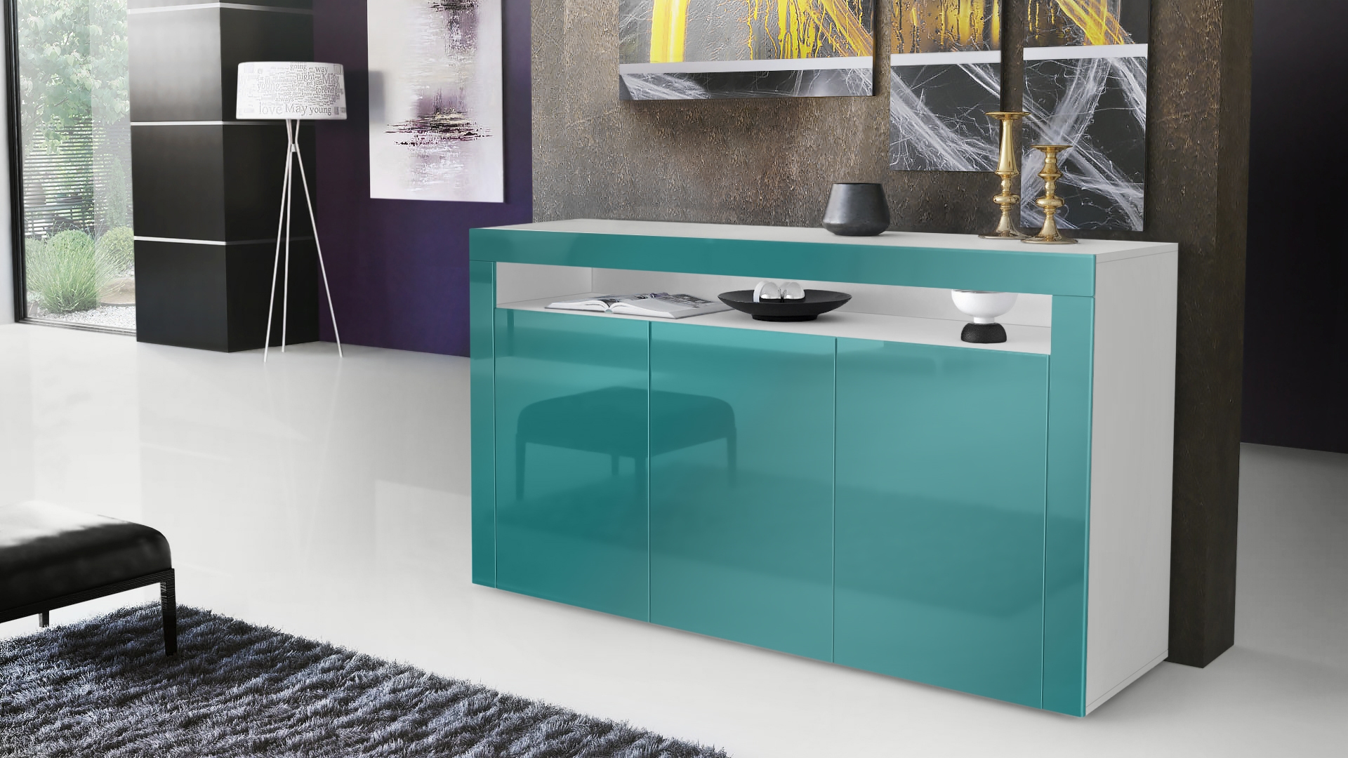 Sideboard Valencia mit 3 Türen und 1 offenem Fach Weiß matt/Petrol Hochglanz/Petrol Hochglanz (155 x 92 x 40 cm)