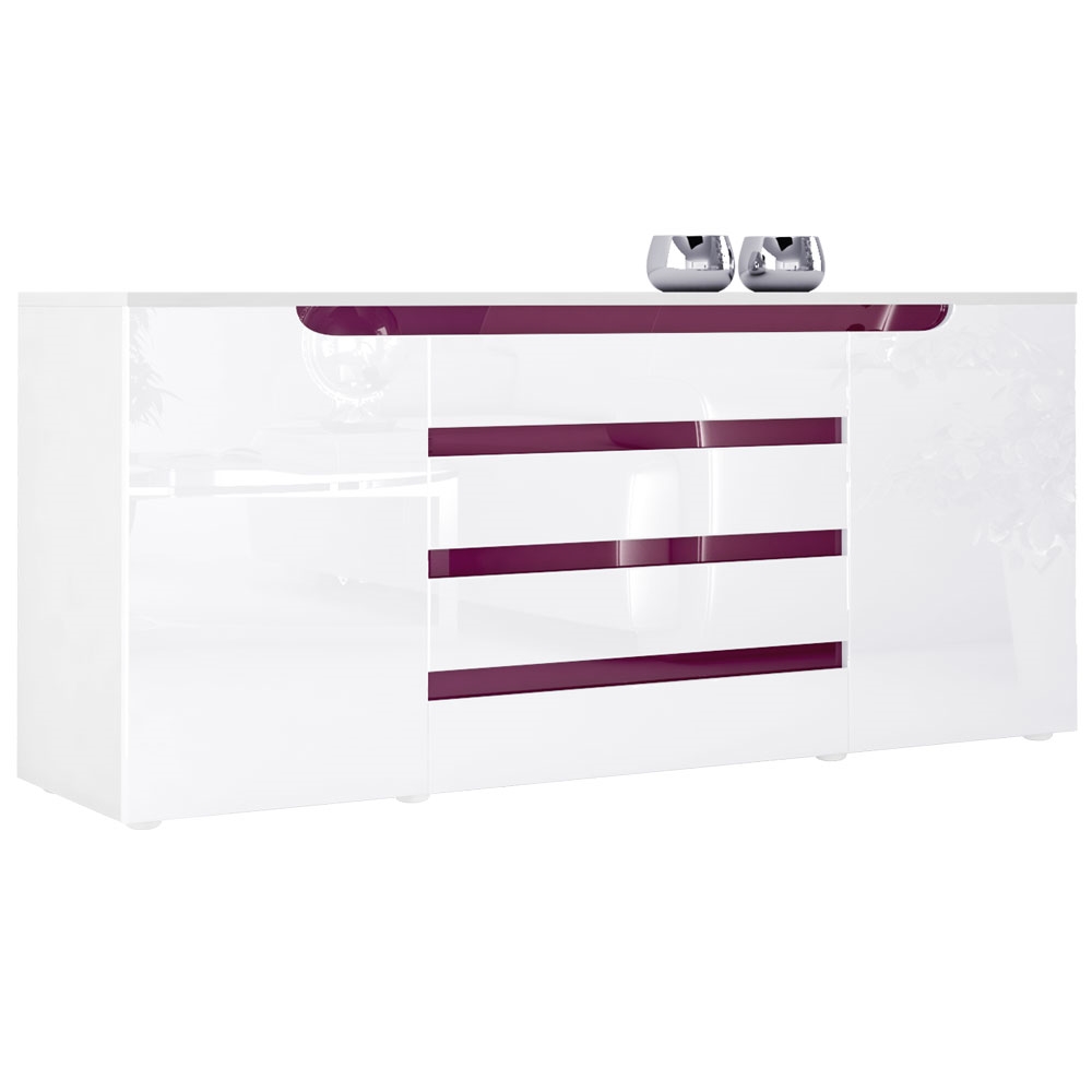 Sideboard Sylt V2 mit 2 Türen und 4 Schubladen Weiß matt/Weiß Hochglanz/Brombeer Hochglanz (166 x 72 x 35)