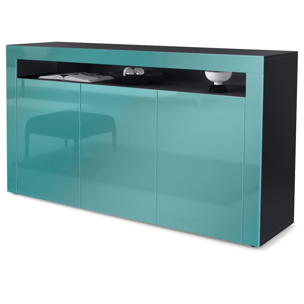 Sideboard Valencia mit 3 Türen und 1 offenem Fach Schwarz matt/Petrol Hochglanz/Petrol Hochglanz (155 x 92 x 40 cm)