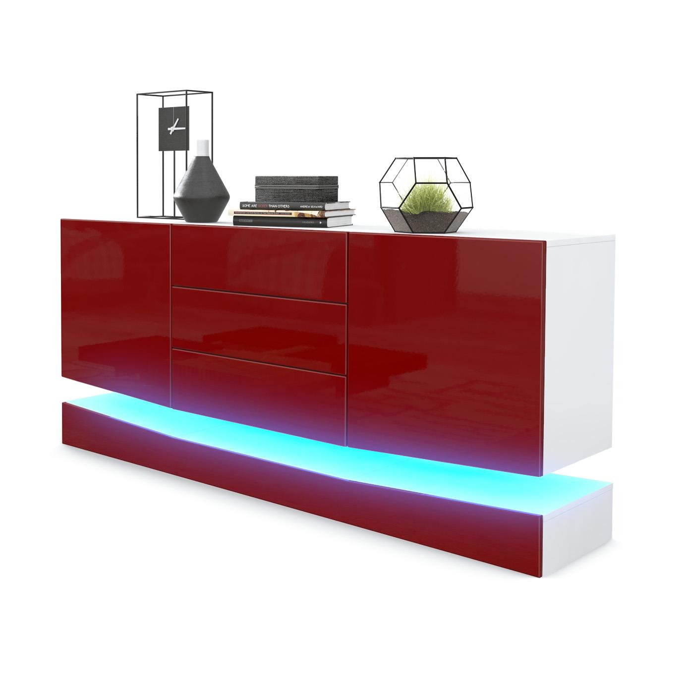 Sideboard City und 3 Schubladen inkl. LED-Beleuchtung,  Weiß matt/Bordeaux Hochglanz (178 x 72 x 38 cm)