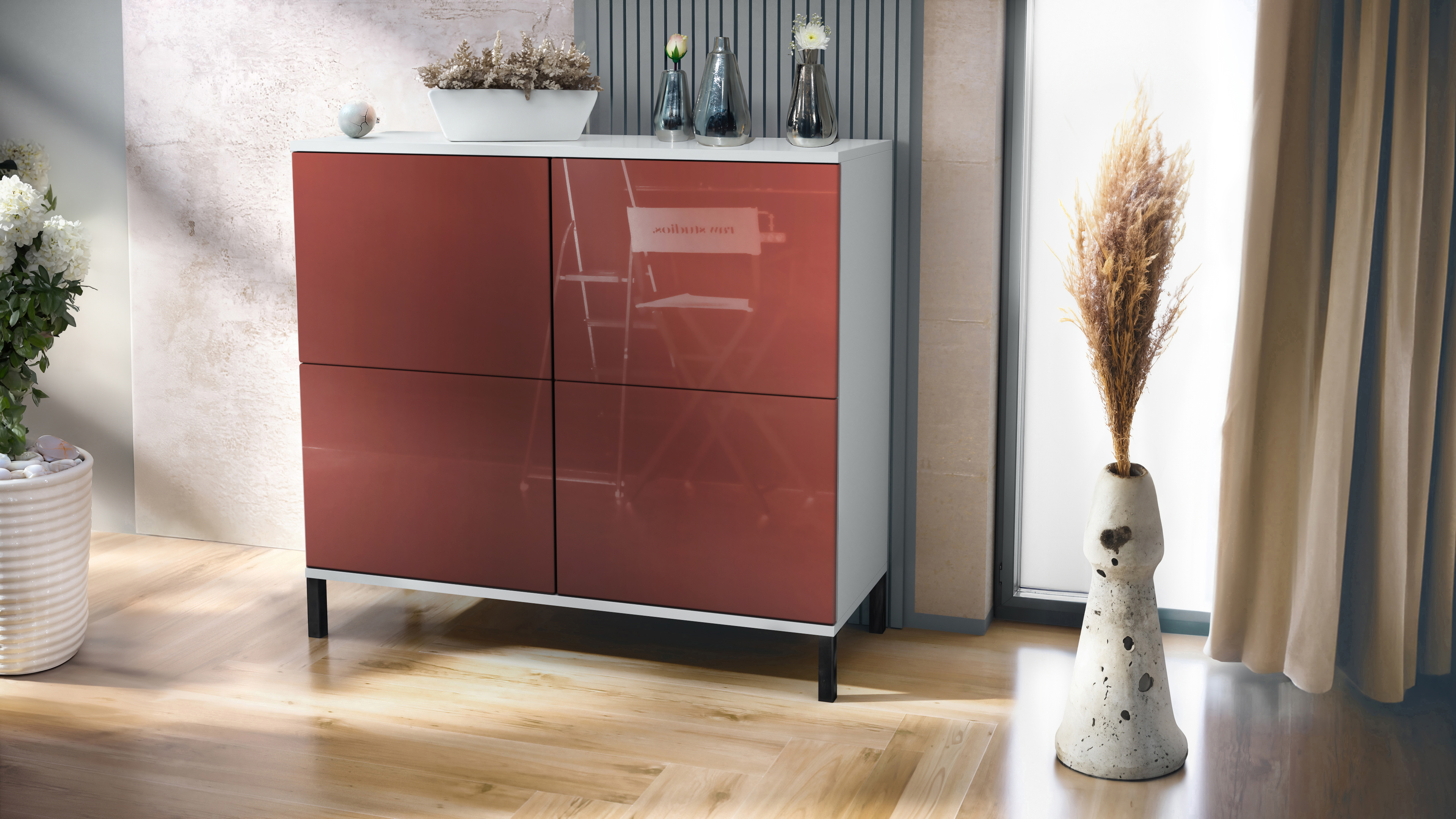 Rova V3 Kommode Weiß mit 4 Push-to-Open Türen Weiß matt / Bordeaux Hochglanz (92,5 x 83.5 x 35)