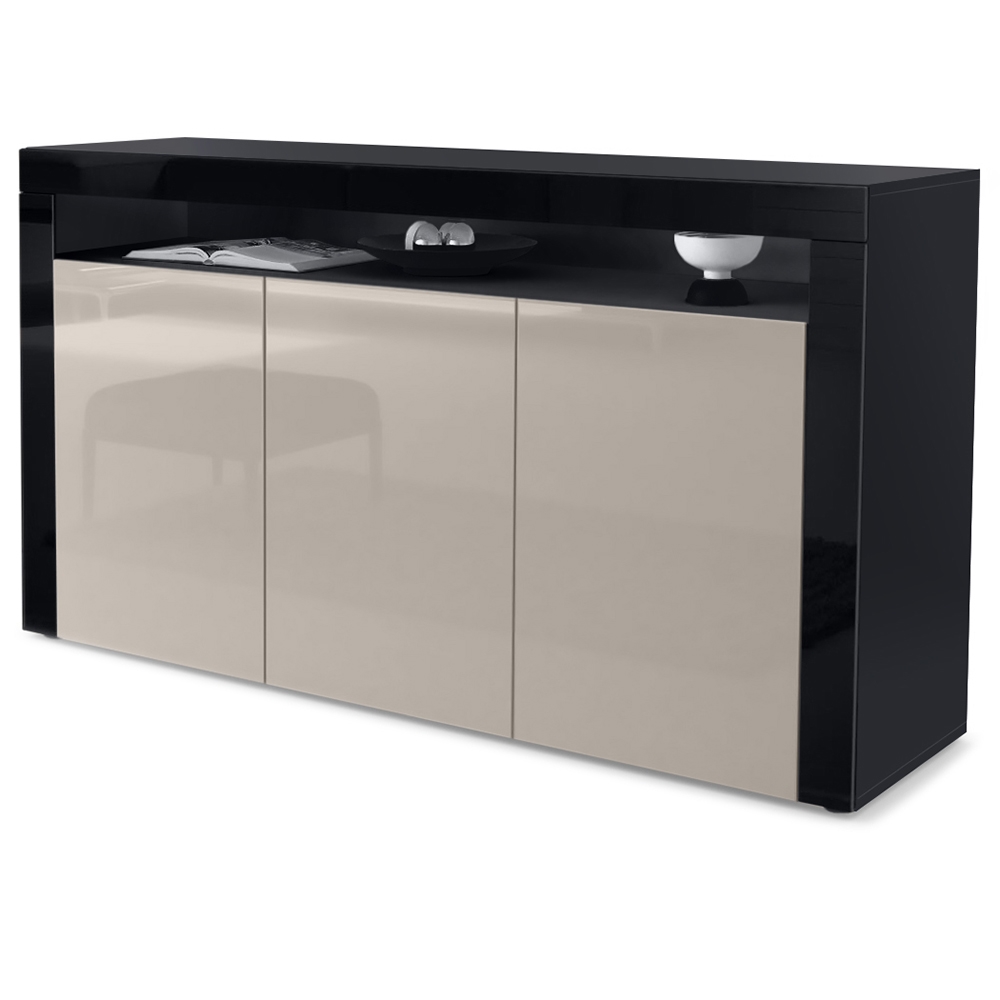 Sideboard Valencia mit 3 Türen und 1 offenem Fach Schwarz matt/Sandgrau Hochglanz/Schwarz Hochglanz (155 x 92 x 40 cm)