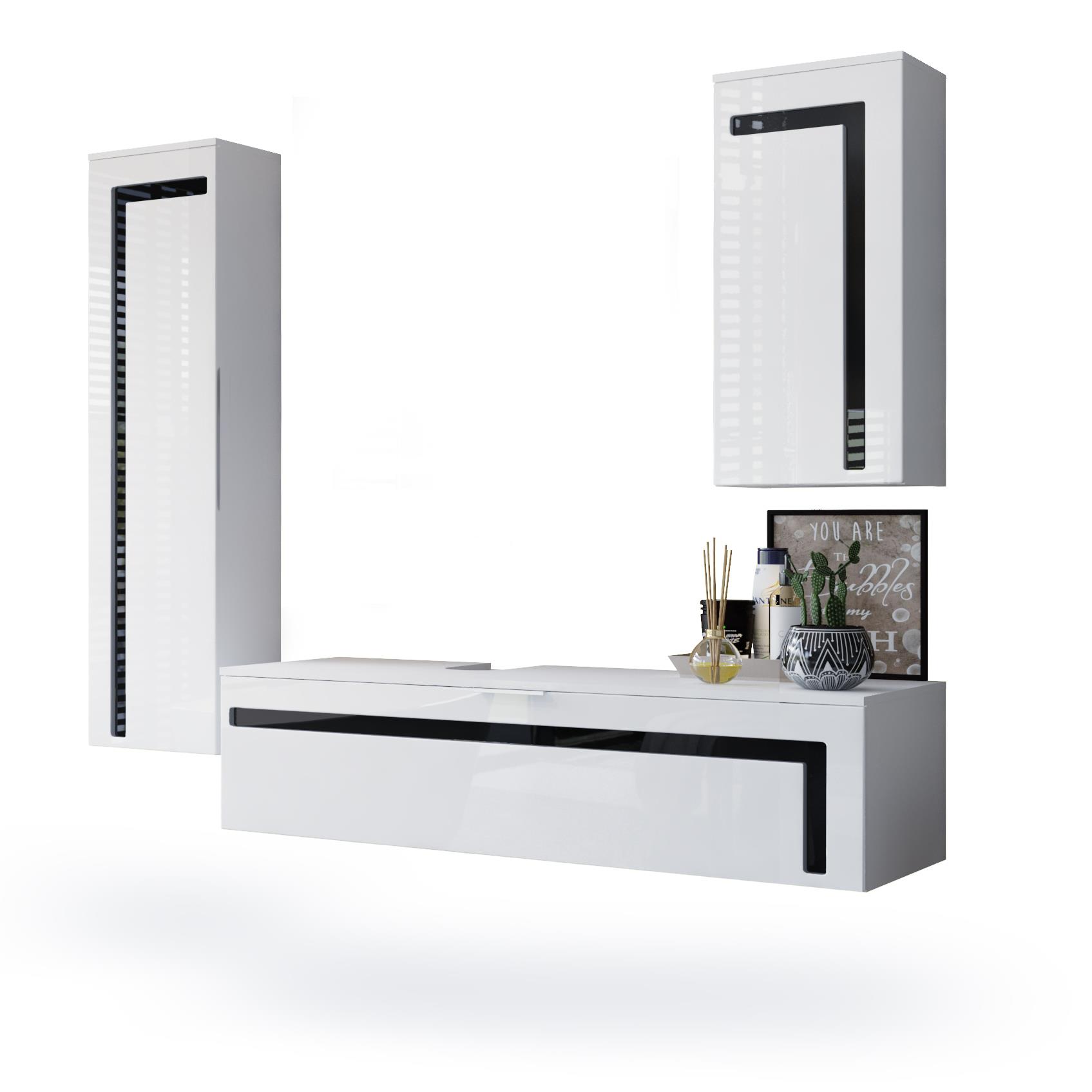 Badmöbel Set Aloha 3-tlg.  mit 2 Hochschränken und 1 Unterschrank Weiß matt&glänzend, Absetzungen in Schwarz glänzend (210x51x185 cm) Badmöbel Set Aloha 3-tlg.  mit 2 Hochschränken und 1 Unterschrank Weiß matt&glänzend, Absetzungen in Schwarz glänzend (210x51x185 cm)