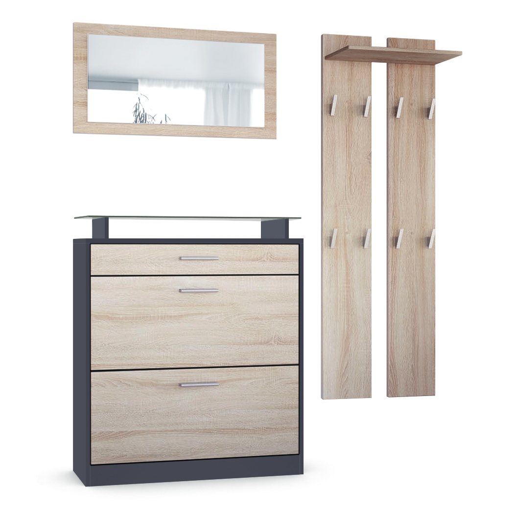 Garderobenset Loret mini 1 Wandspiegel, 2 Garderobenpaneele, Anthrazit matt/Eiche sägerau (Schuhschrank 89 x 104 x 23 cm)