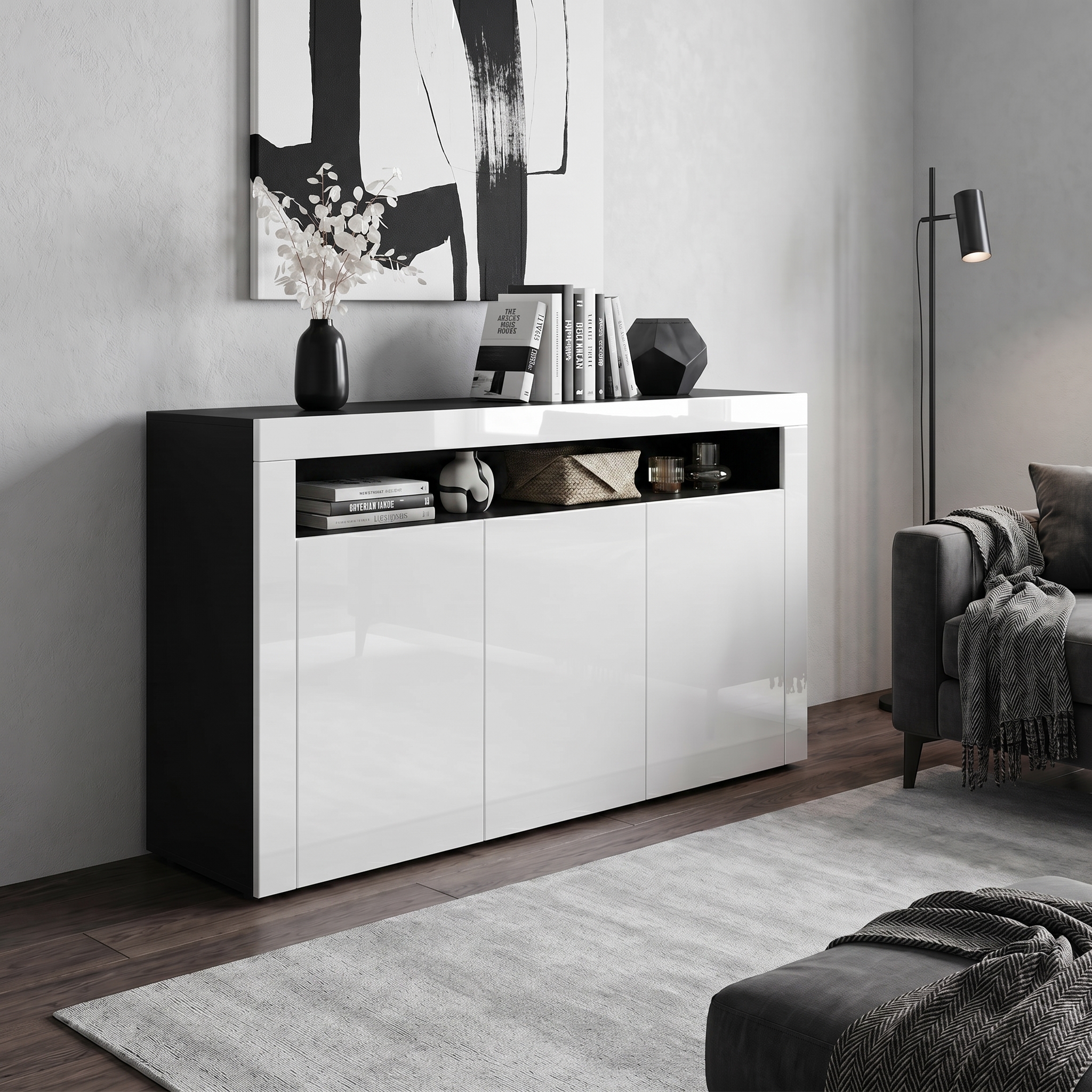 Sideboard Valencia mit 3 Türen und 1 offenem Fach Schwarz matt/Weiß Hochglanz/Weiß Hochglanz (155 x 92 x 40 cm) | Weiß Hochglanz / Weiß Hochglanz