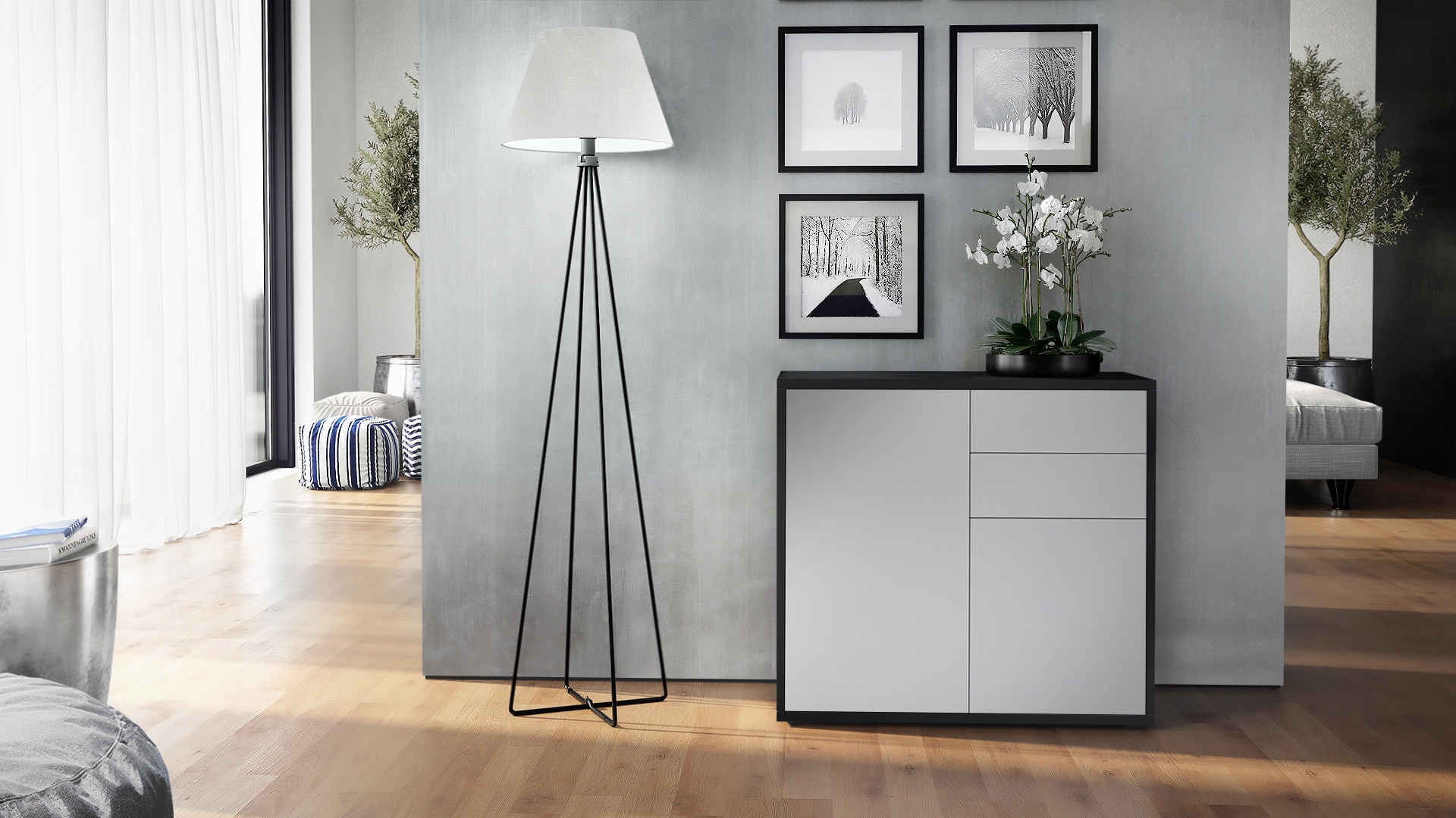 Kommode Ben  mit 2 Türen und 2 Schubladen Schwarz matt/Hellgrau Seidenmatt (79 x 74 x 36 cm)