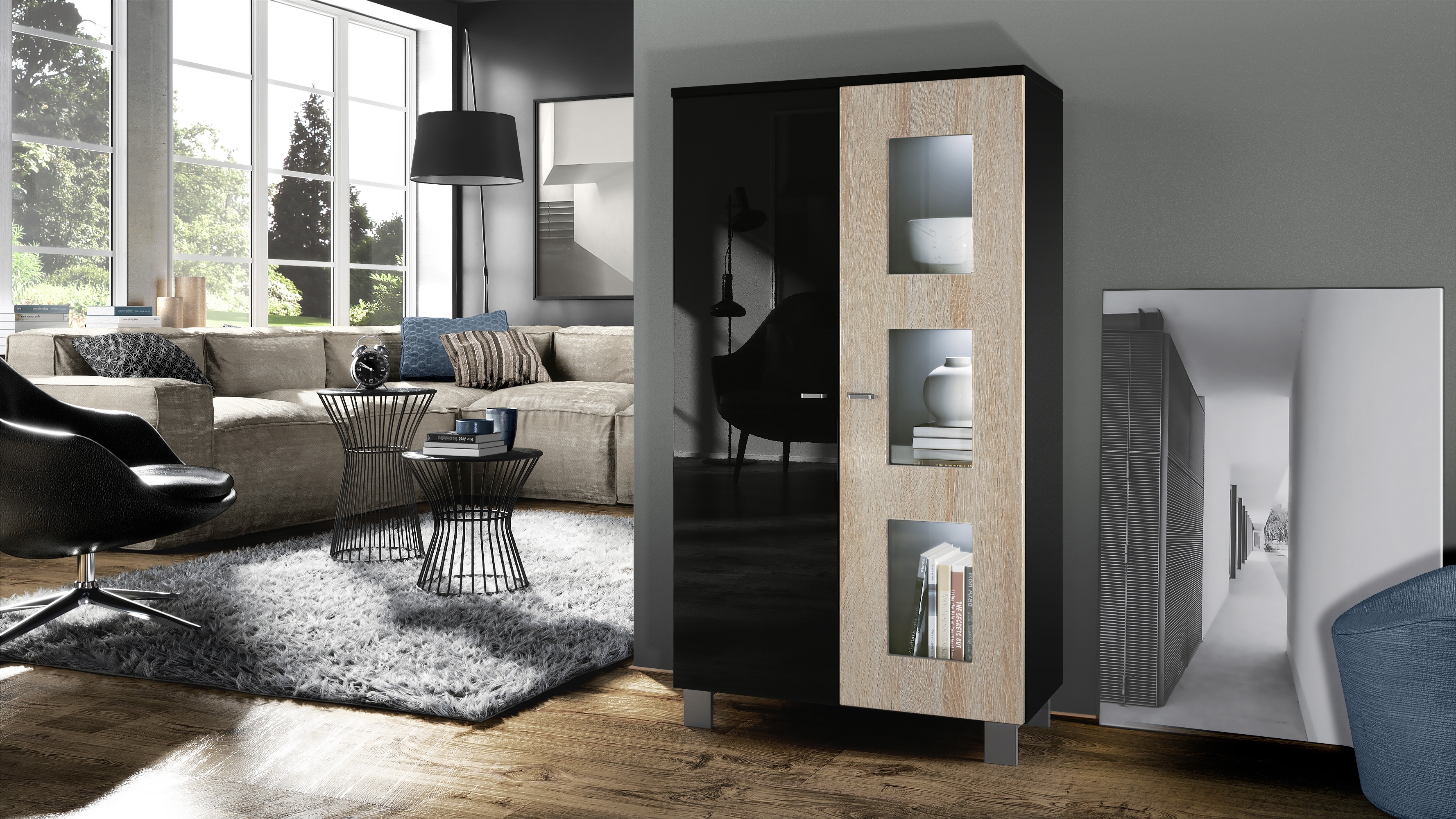 Vitrine Denjo  mit 2 Türen und 3 Glaseinsätzen Schwarz matt&glänzend/ Eiche Sägerau mit Beleuchtung (71x129x35 cm)