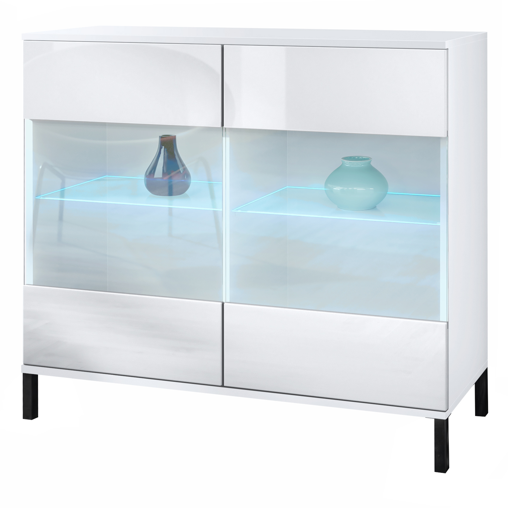Bari V3 Kommode Weiß + LED mit 2 großen Glastüren inkl. RGB Beleuchtung Weiß matt / Weiß Hochglanz (92,5 x 83.5 x 35)