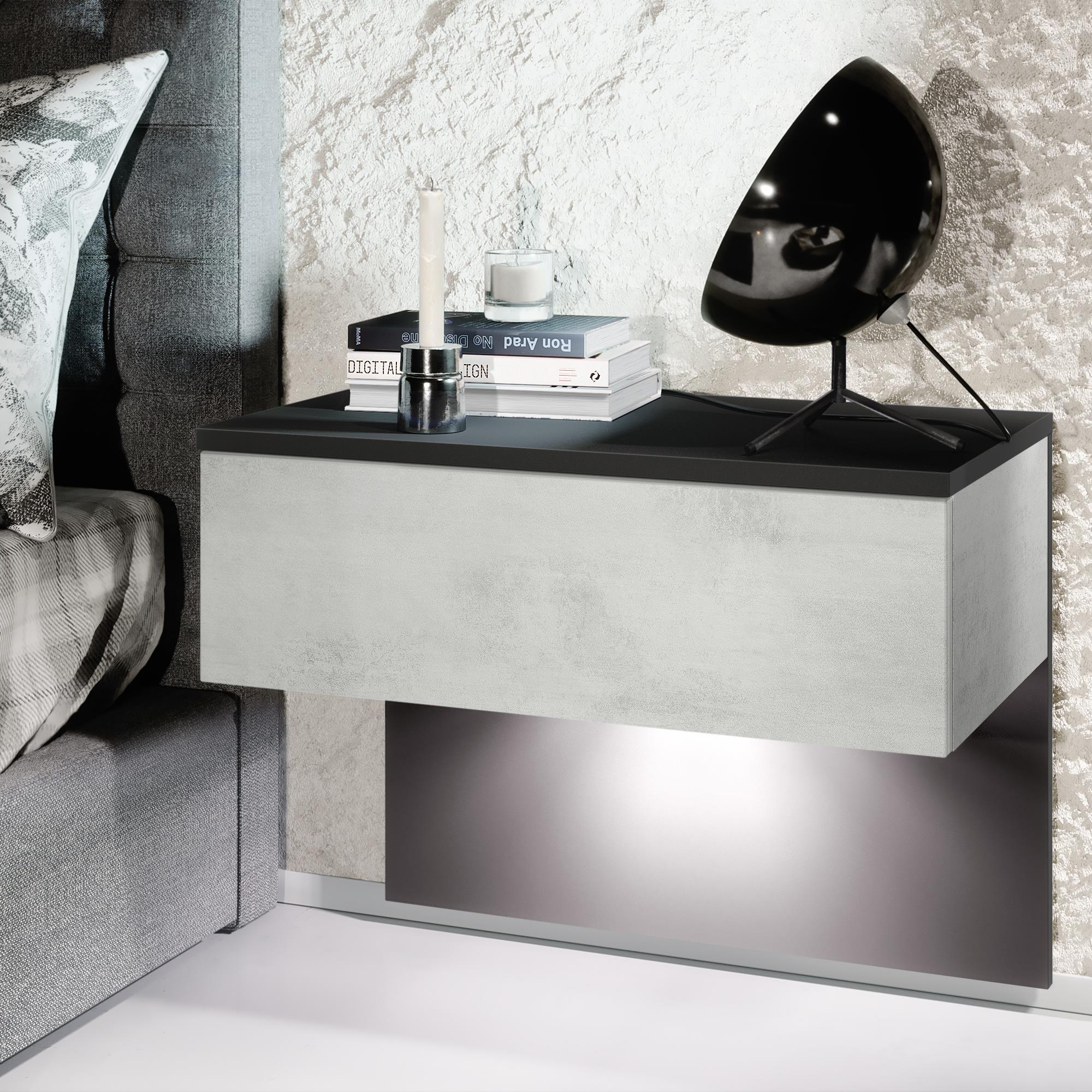 Nachttisch Sleep mit Schublade zur Wandmontage Schwarz matt/Beton Oxid Optik (60 x 46 x 35 cm)