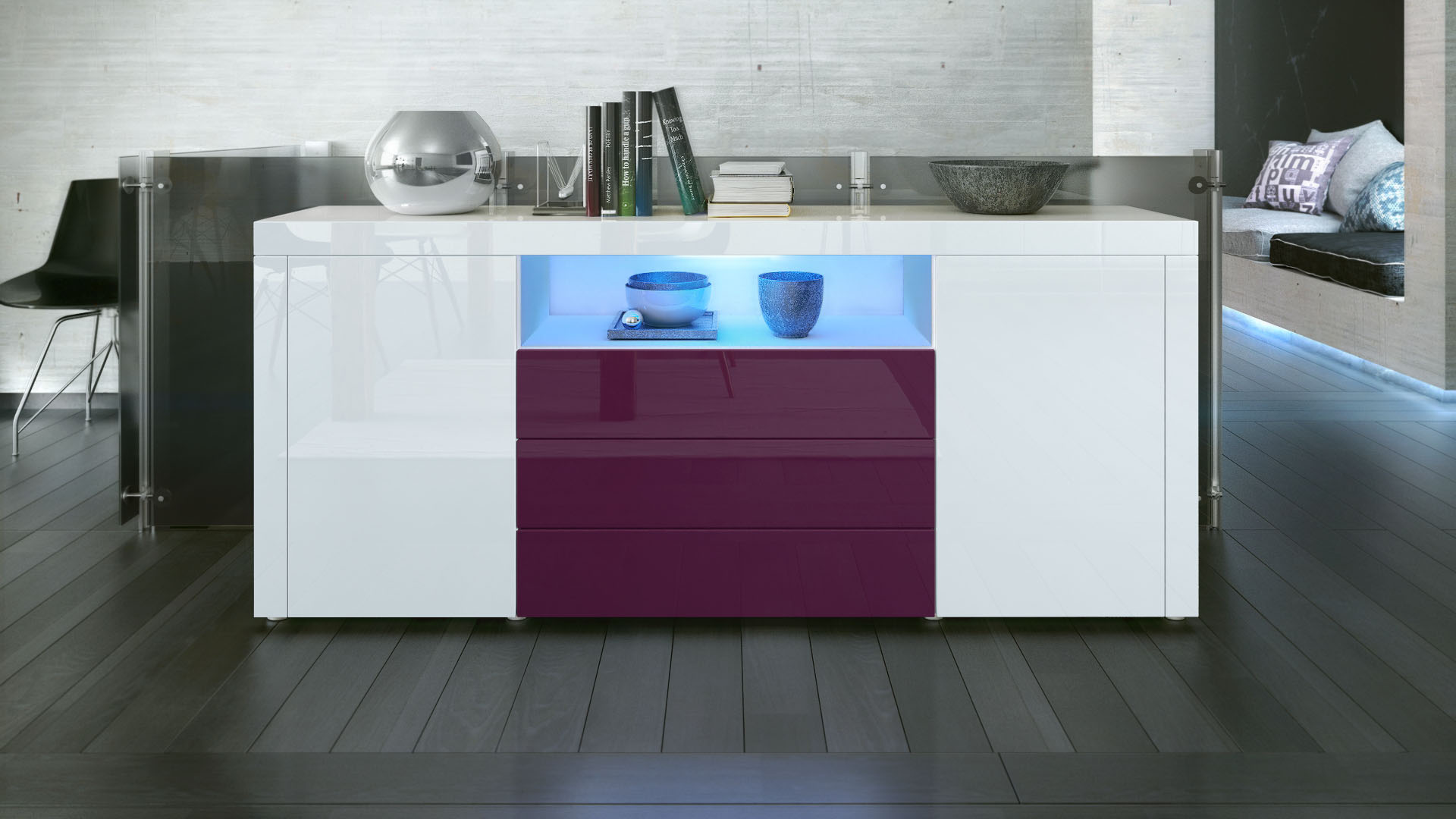 Sideboard Santiago mit 2 großen Türen und 3 Schubladen Weiß Hochglanz/Brombeer Hochglanz (167 x 72 x 35 cm)