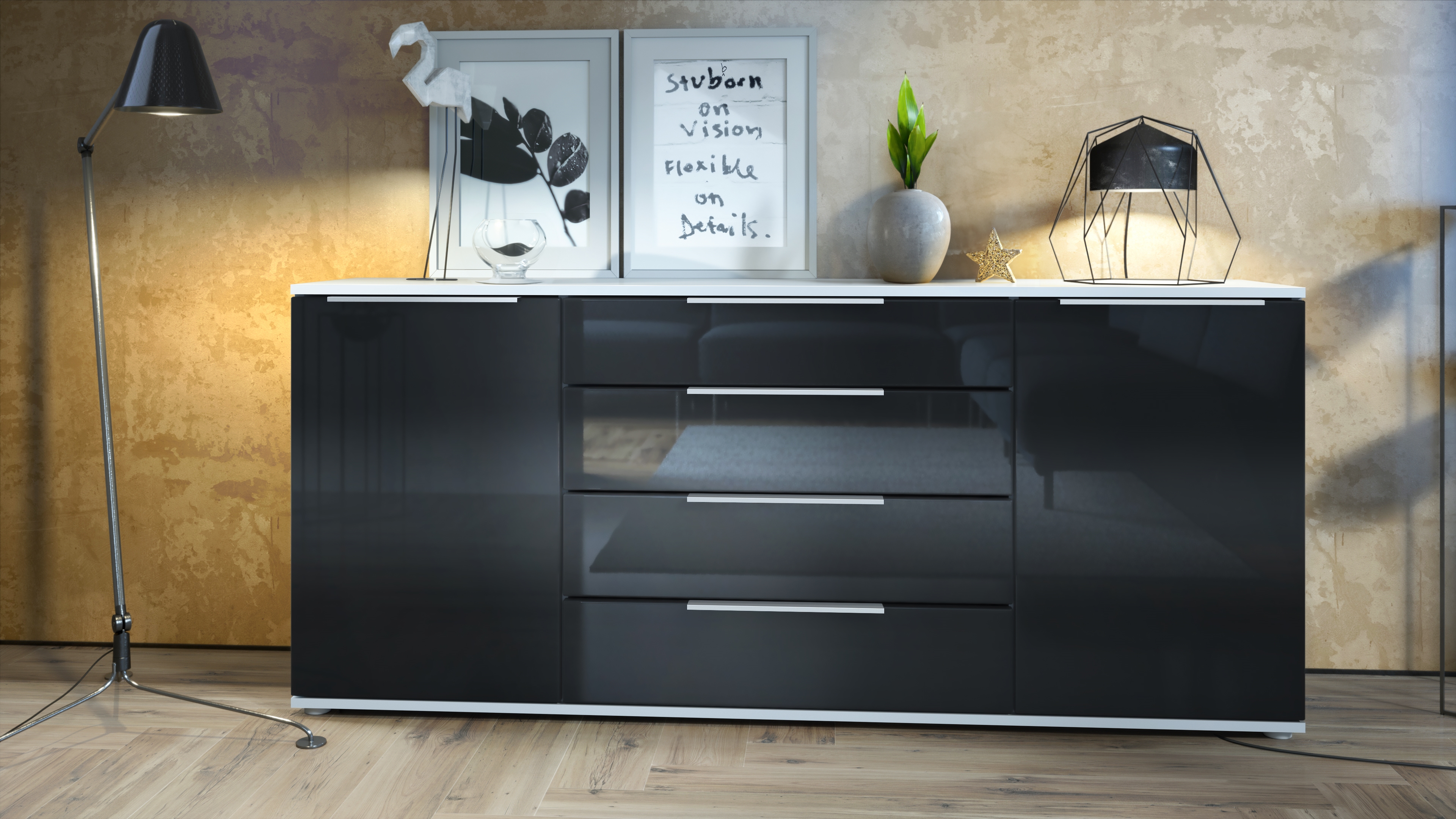 Linio V2 Sideboard mit 2 Türen und 4 Schubladen Weiß matt/Schwarz Hochglanz (166,5 x 72,5 x 35 cm)