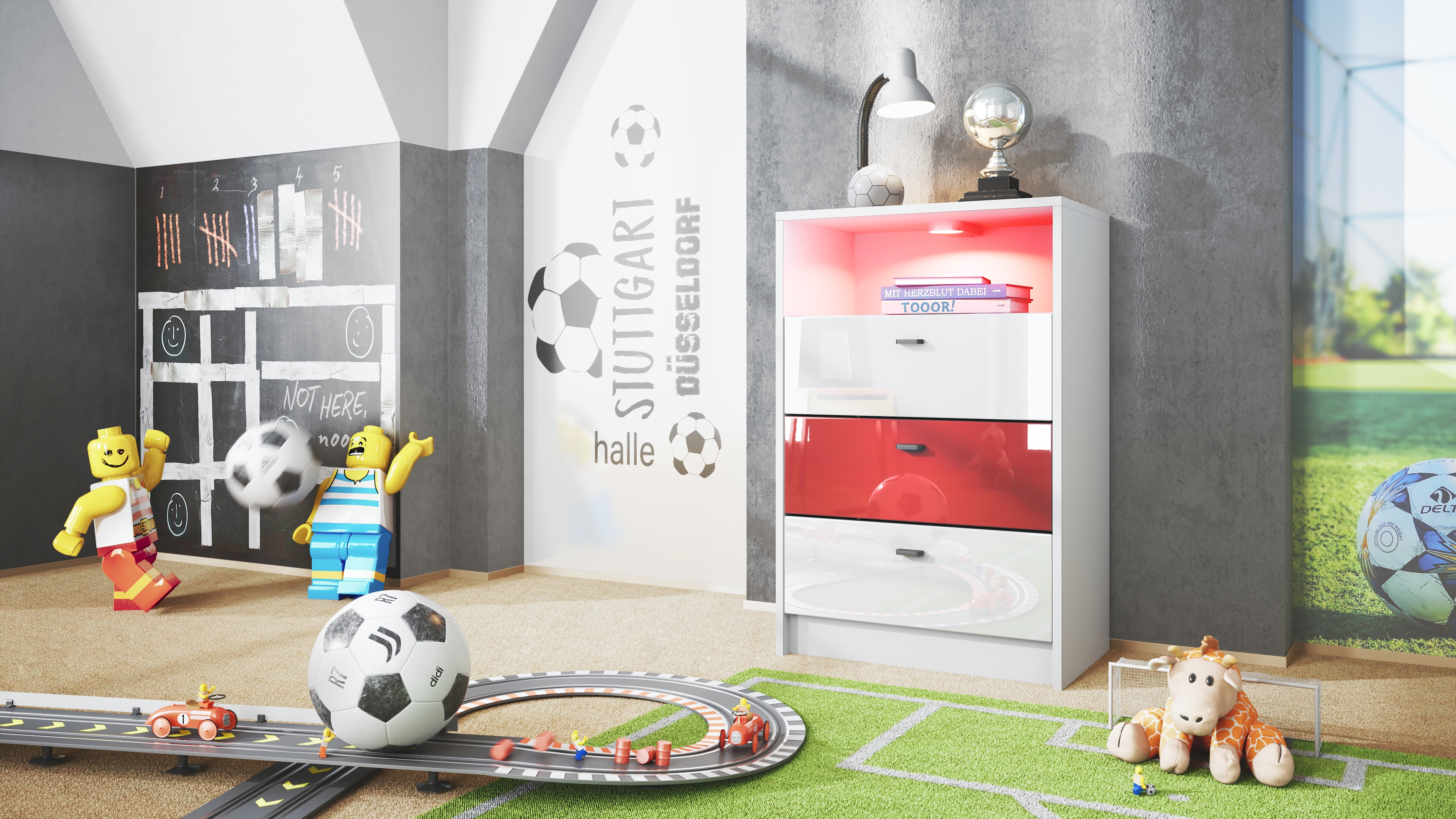 Pino V2 Kommode Fußball mit 3 Schubladen inkl. RGB LED Beleuchtung Fußball Liga Stuttgart - Weiß, Rot & Weiß glänzend (56x86,5x36 cm)