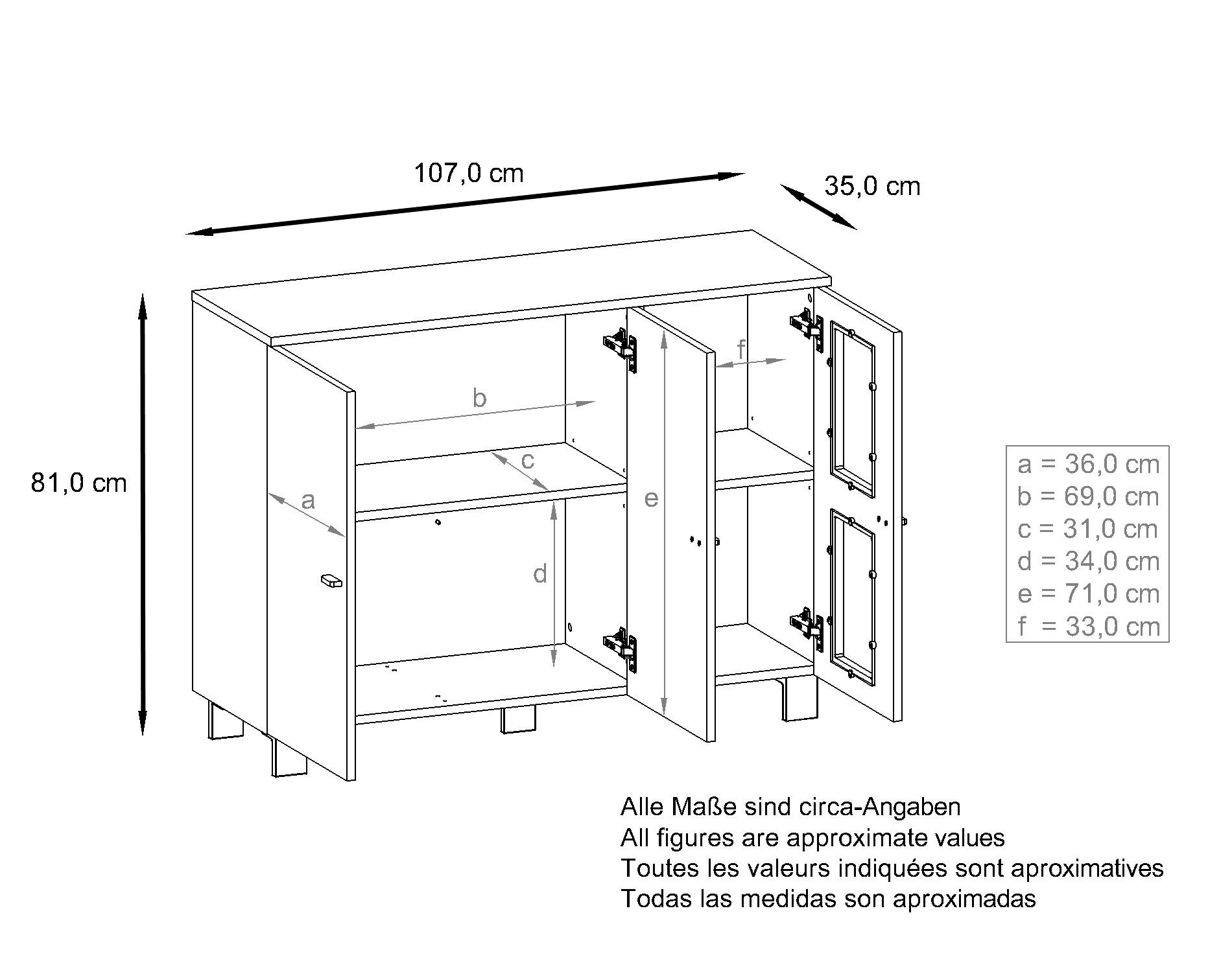 Sideboard Denjo  mit 3 Türen Weiß matt/Weiß Hochglanz inkl. LED-Beleuchtung (107 x 81 x 35 cm)