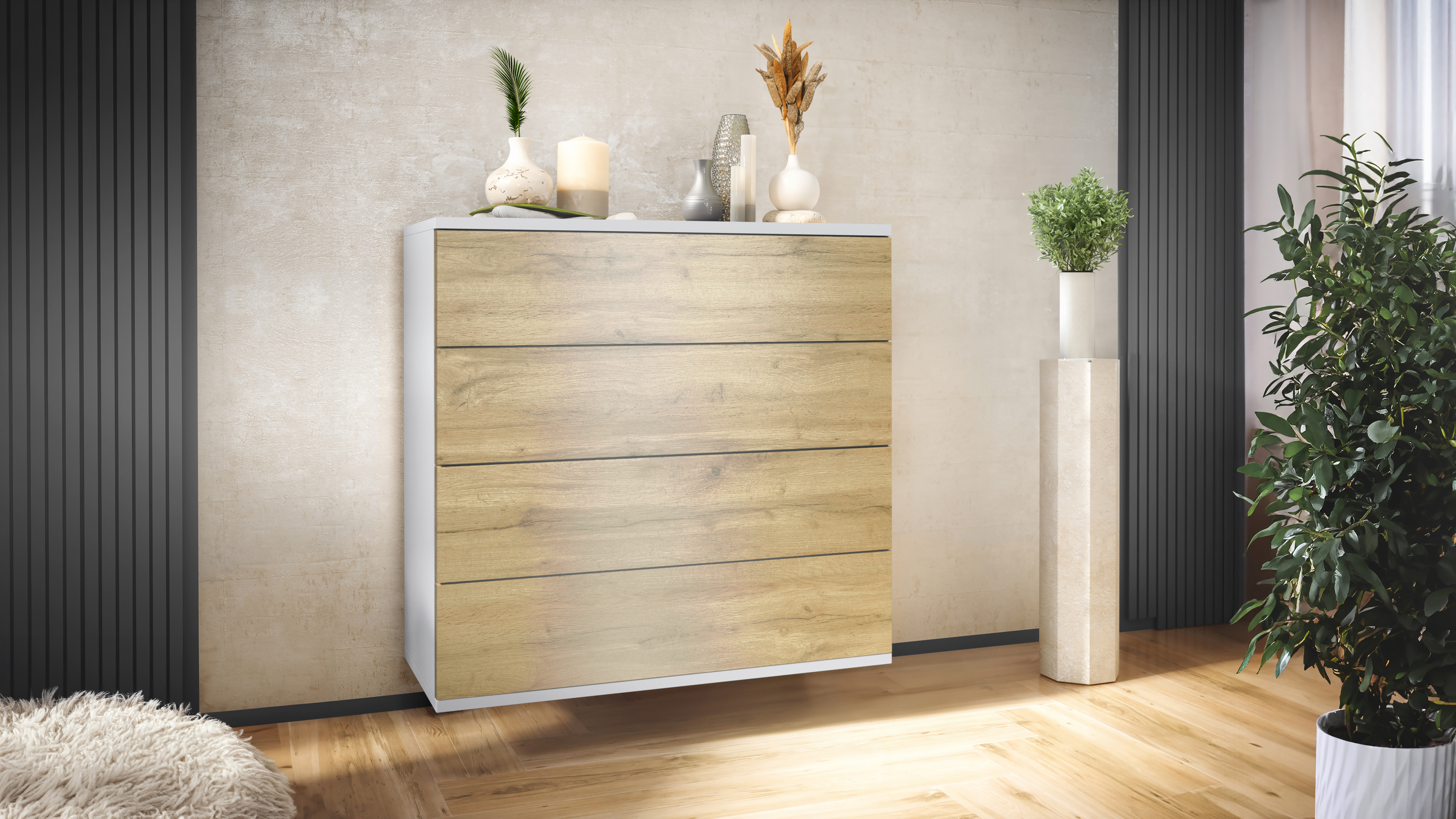 Kommode Pavos V3 hängend Weiß mit 4 Schubladen Weiß matt/Eiche Evoke (76 x 94 x 35 cm)