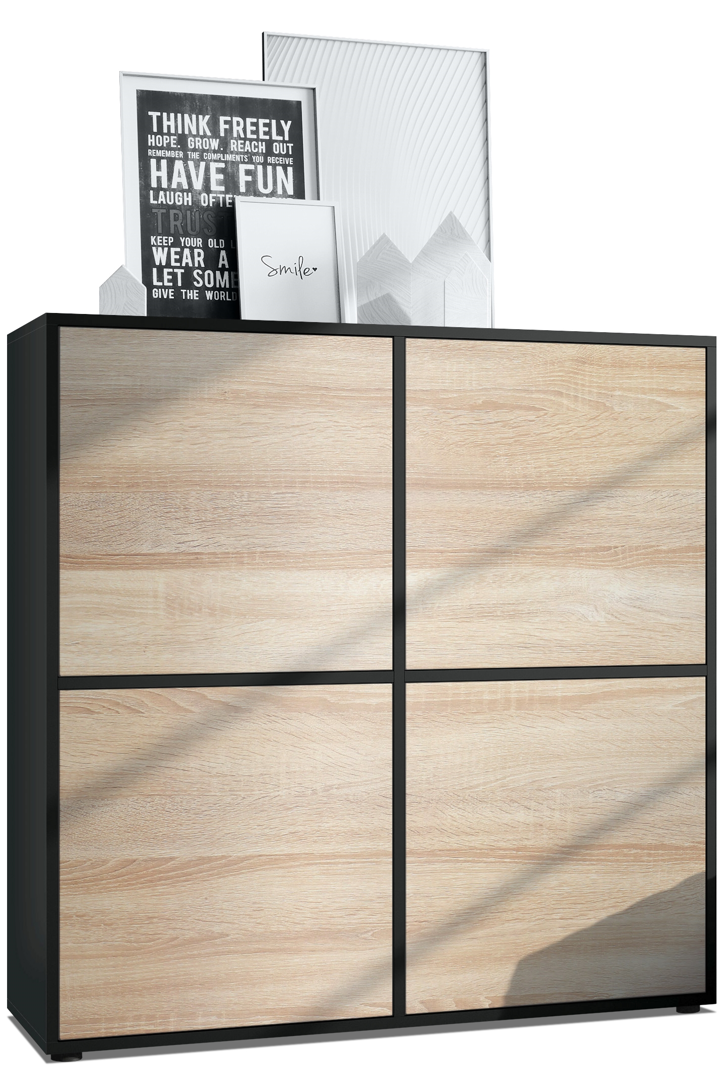 Highboard Cuba V2 Sideboard mit 4 Push-to-Open Türen, Made in Germany Schwarz matt / Eiche sägerau (104 x 105,5 x 35,5 cm)