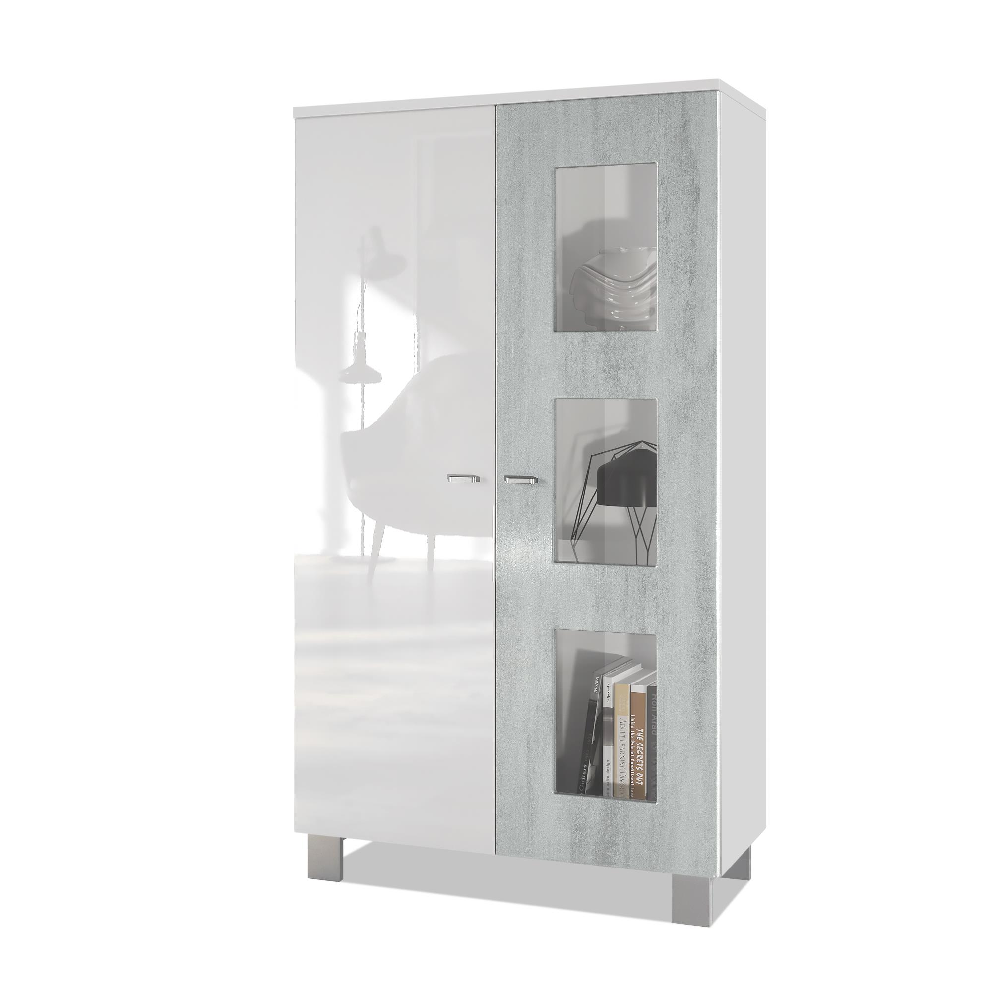 Vitrine Denjo  mit 2 Türen und 3 Glaseinsätzen Weiß matt/ Weiß Hochglanz/ Beton Oxid Optik (71 x 129 x 35 cm)